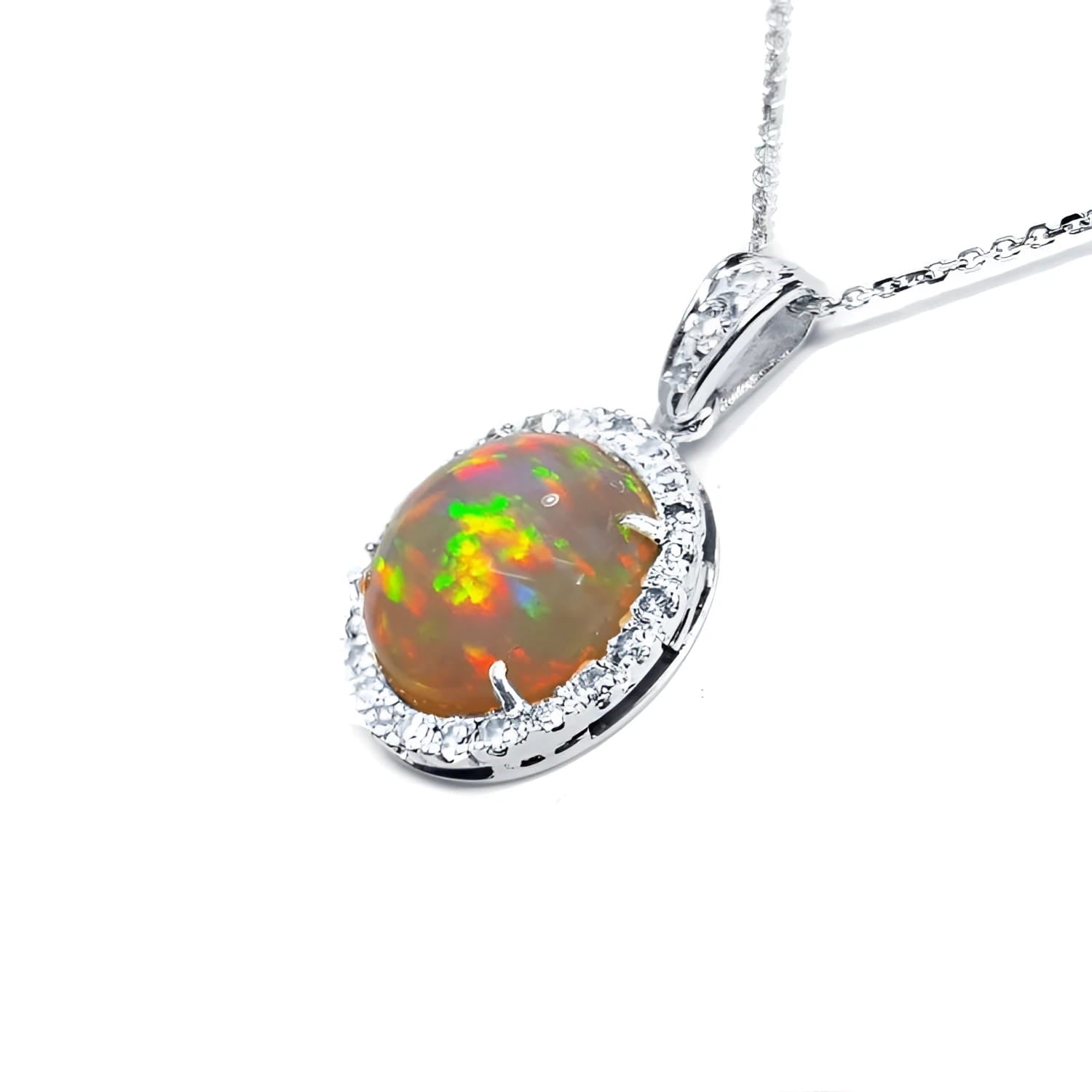 Ethiopian Welo opal pendant with red flashes, diamond halo, and 14K white gold chain.