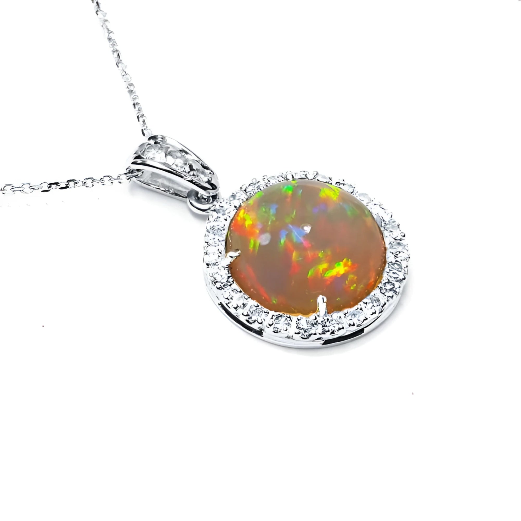 Round Ethiopian Welo opal pendant with red flashes, diamond halo, and 14K white gold chain.