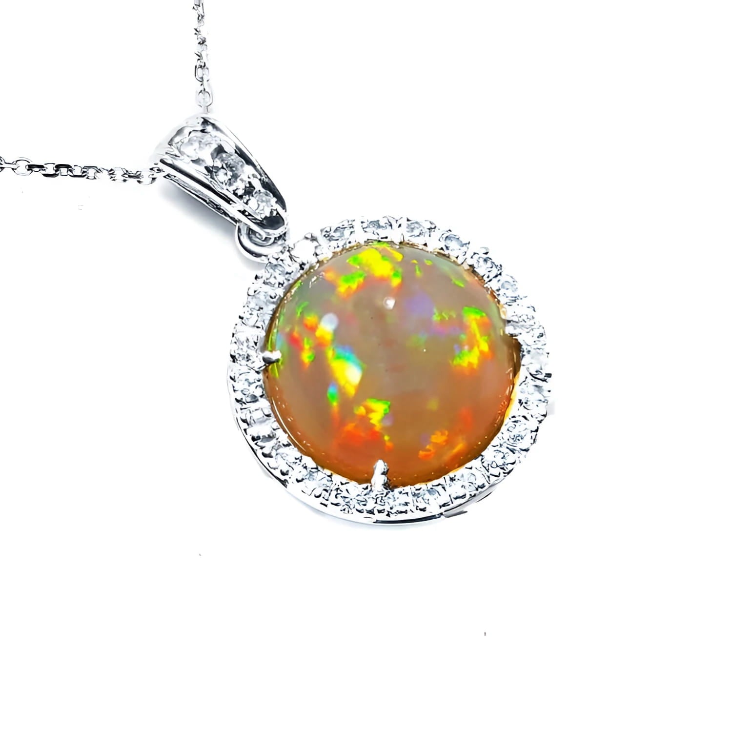 Ethiopian Welo opal pendant with red flashes, diamond halo, and 14K white gold chain.