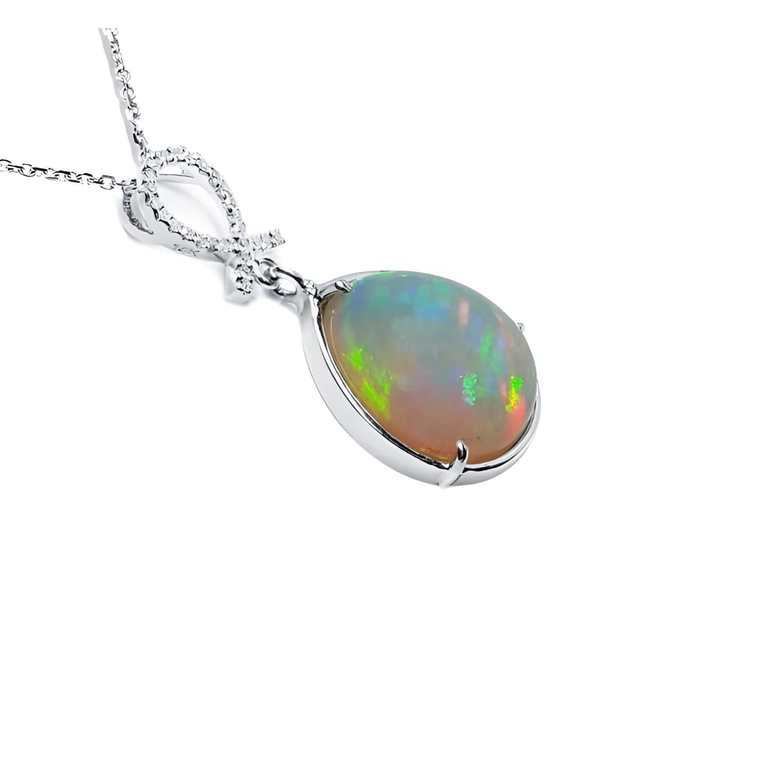 7.76 ct. Ethiopian Welo Opal and Diamond Pendant in 14K White Gold, featuring a multicolor oval opal.