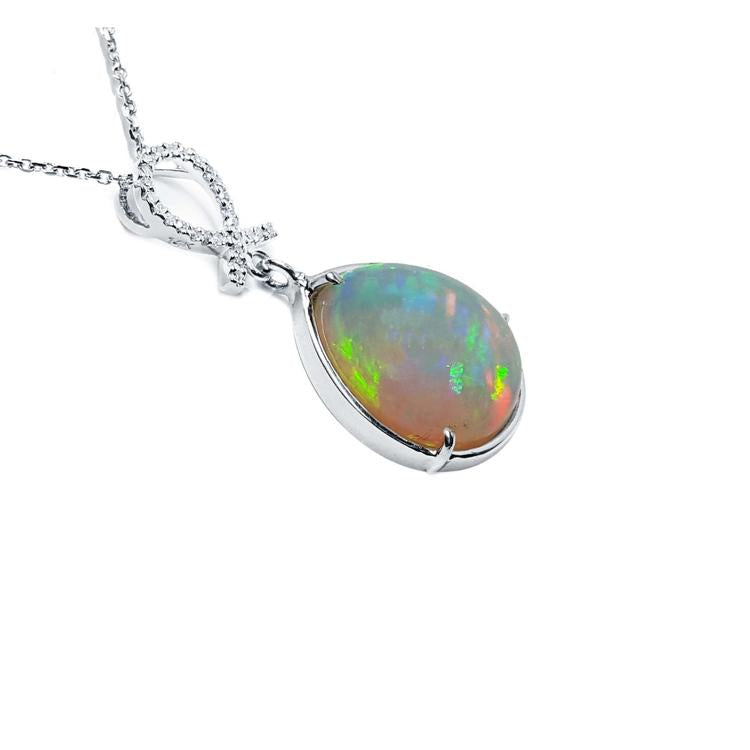 7.76 ct. Ethiopian Welo Opal and Diamond Pendant in 14K White Gold, featuring a multicolor oval opal.