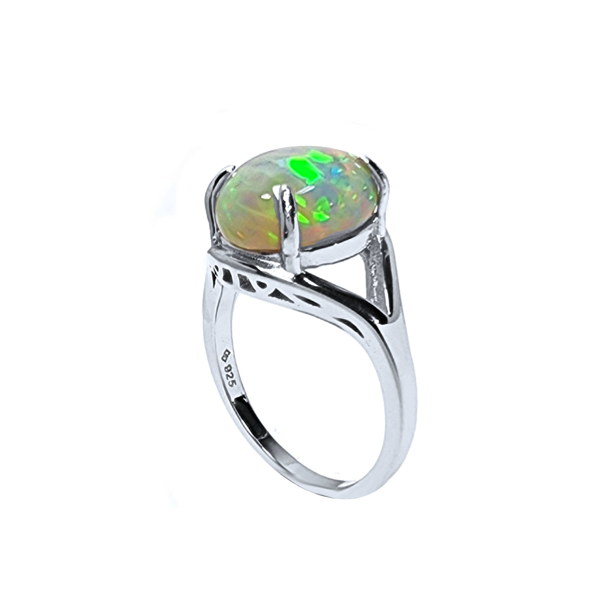 Silver ring with a multicolor opal stone on a white background