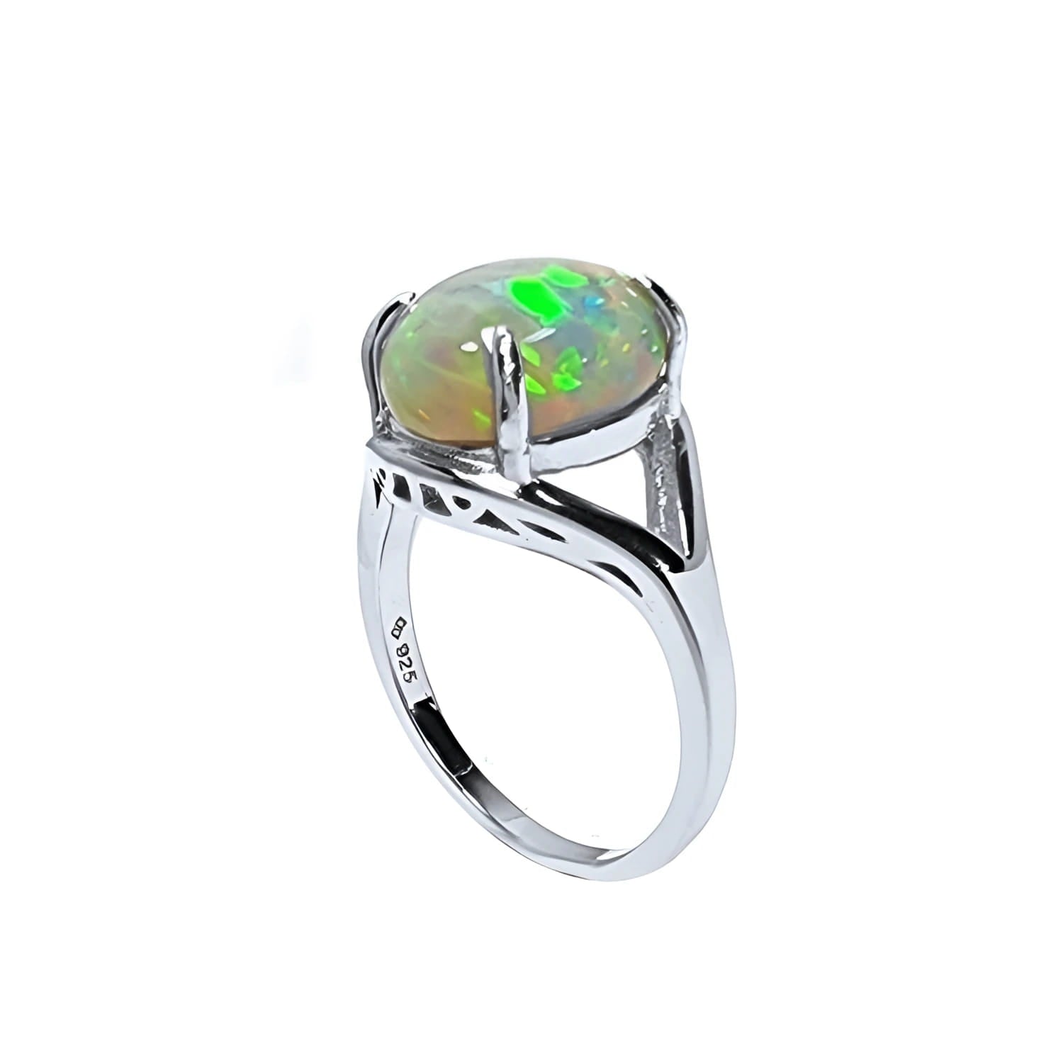 Ethiopian opal sterling silver ring for women, oval cut, with vibrant red and orange play of color.