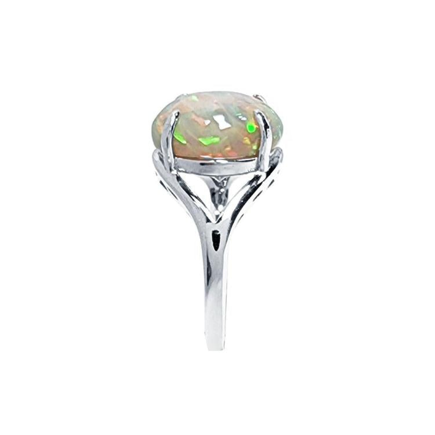 Ethiopian opal sterling silver ring for women with an oval cut, showing red, orange, and green play of color.