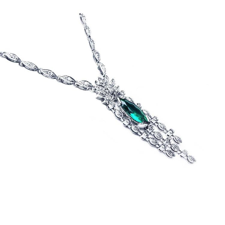 Natural Colombian Emerald marquise Necklace 2.12 ct.  with diamonds crafted in 14K White Gold.