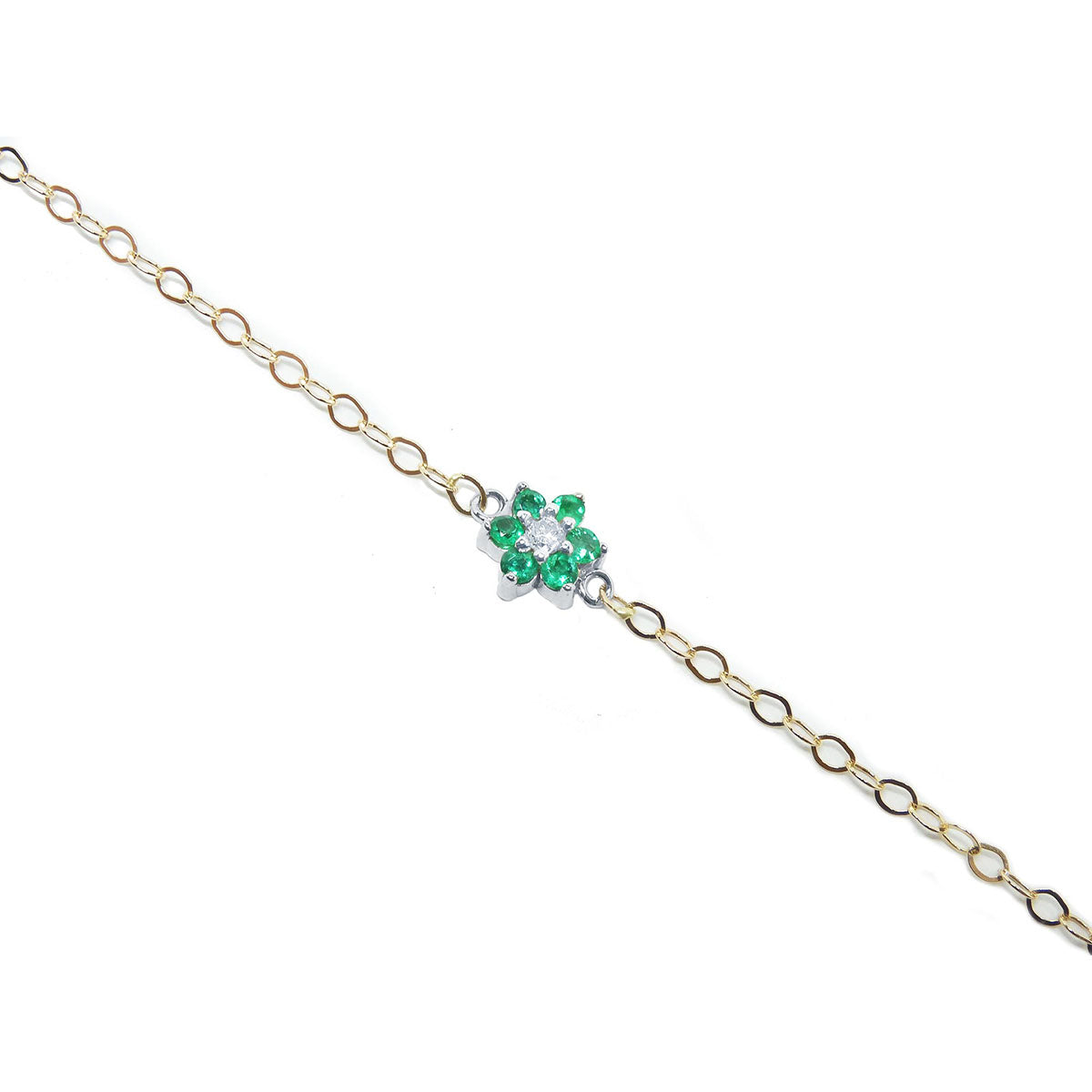Gold bracelet with a green gemstone flower on a white background.