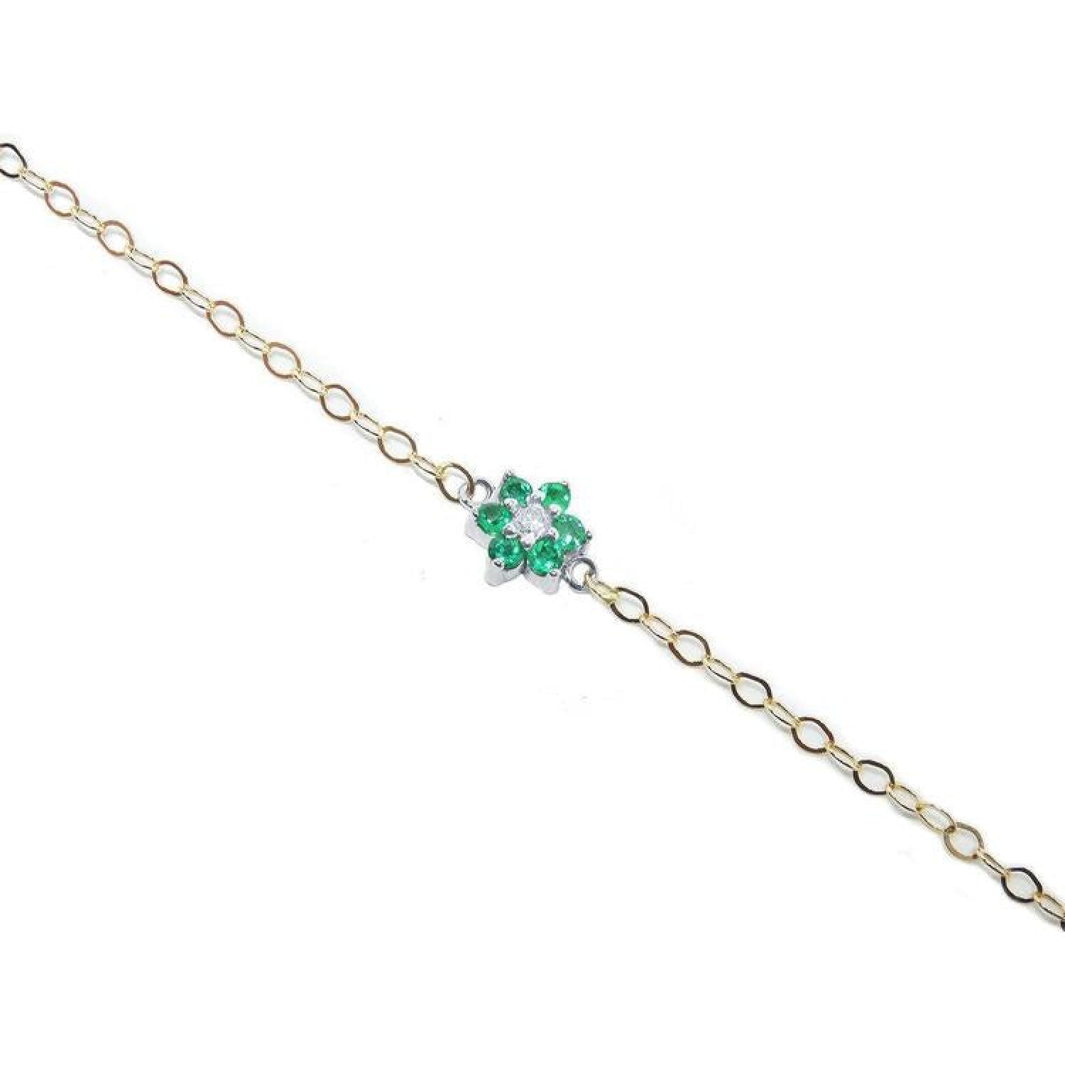 14K yellow gold chain bracelet with a central emerald and diamond flower cluster.