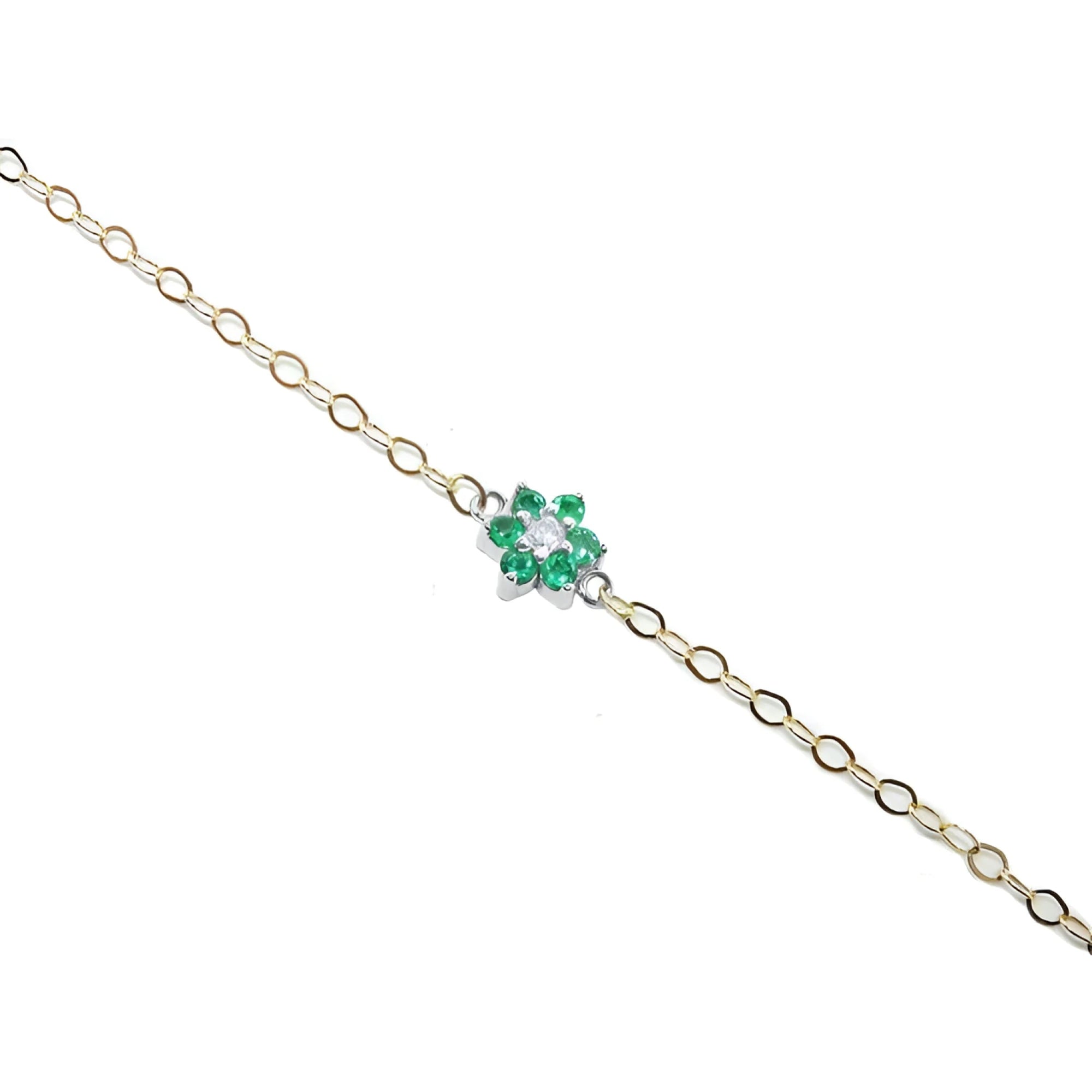 14K yellow gold chain bracelet with a central emerald and diamond flower cluster.