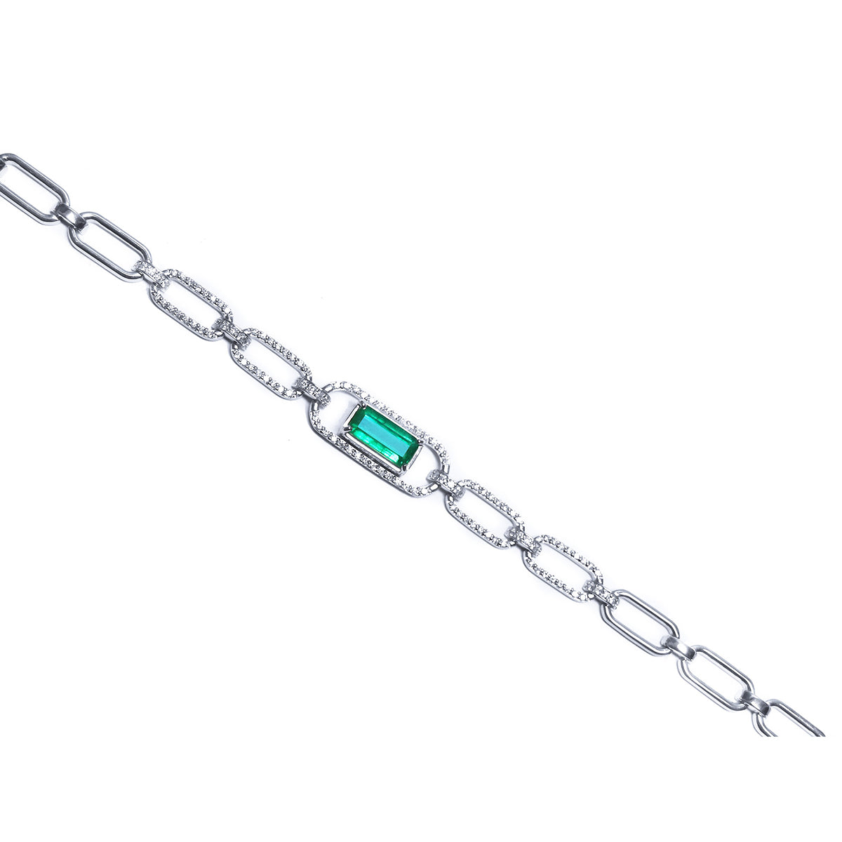 Paperclip white gold bracelet with genuine colombian emerald on a white background