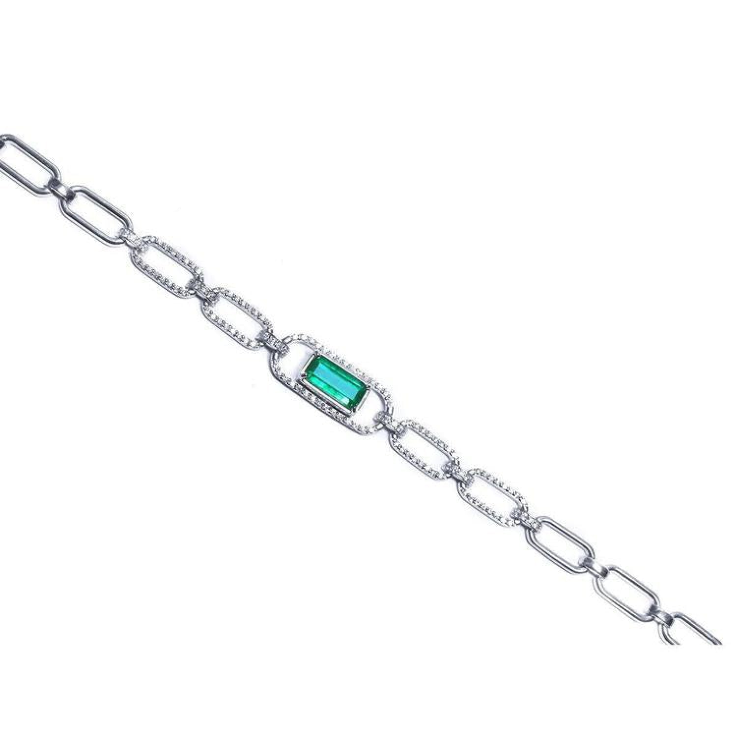 14K white gold paper clip bracelet with a rectangular emerald haloed by diamonds.