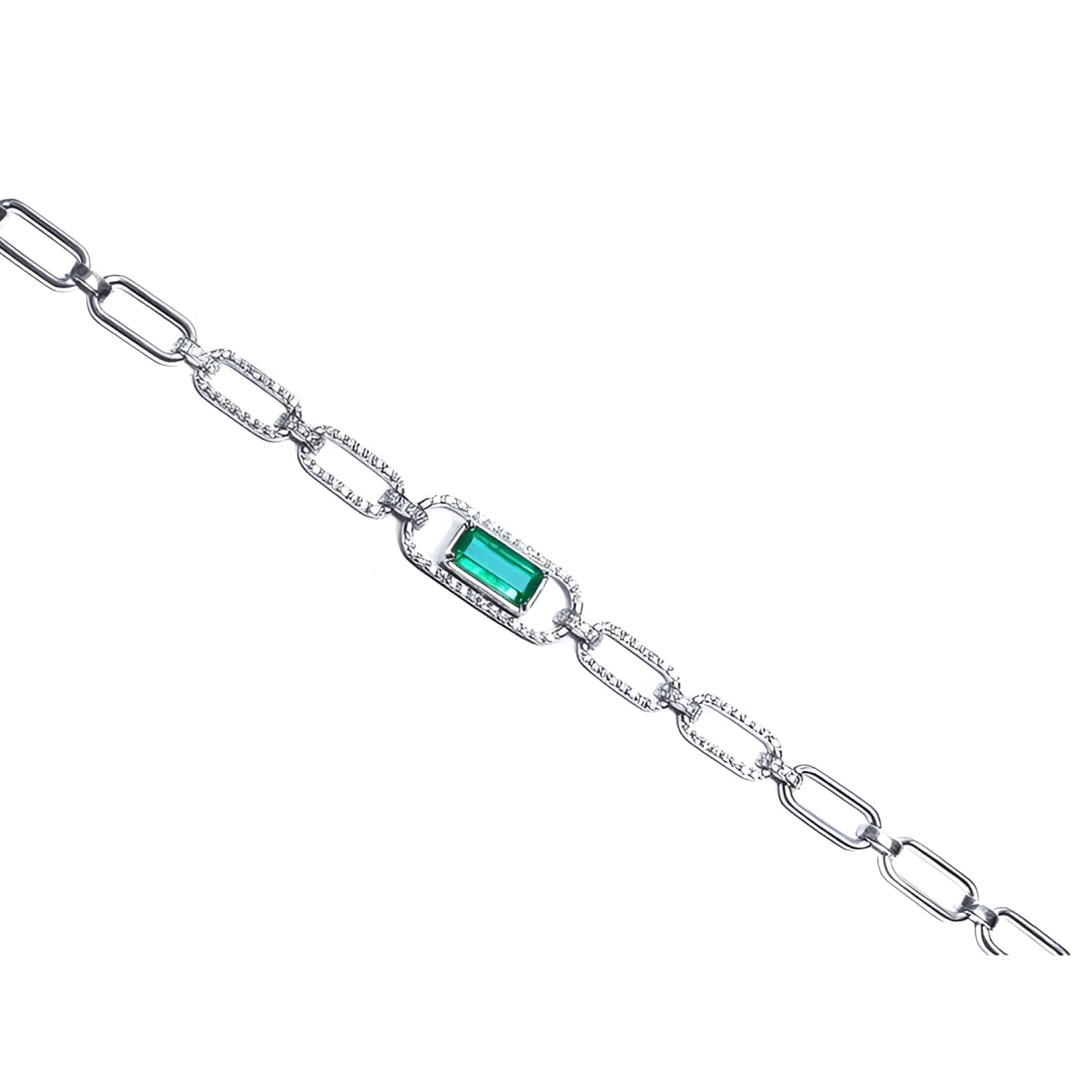 14K white gold paper clip bracelet with a rectangular emerald haloed by diamonds.