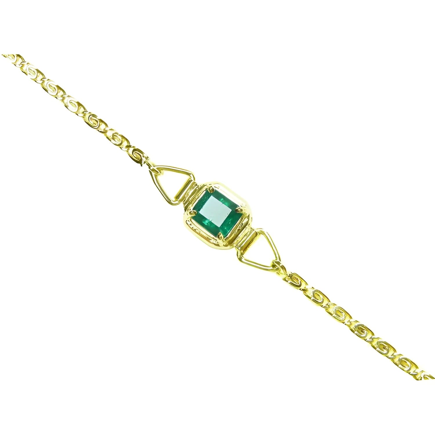 14K yellow gold solitaire bracelet with a deep green Colombian emerald.