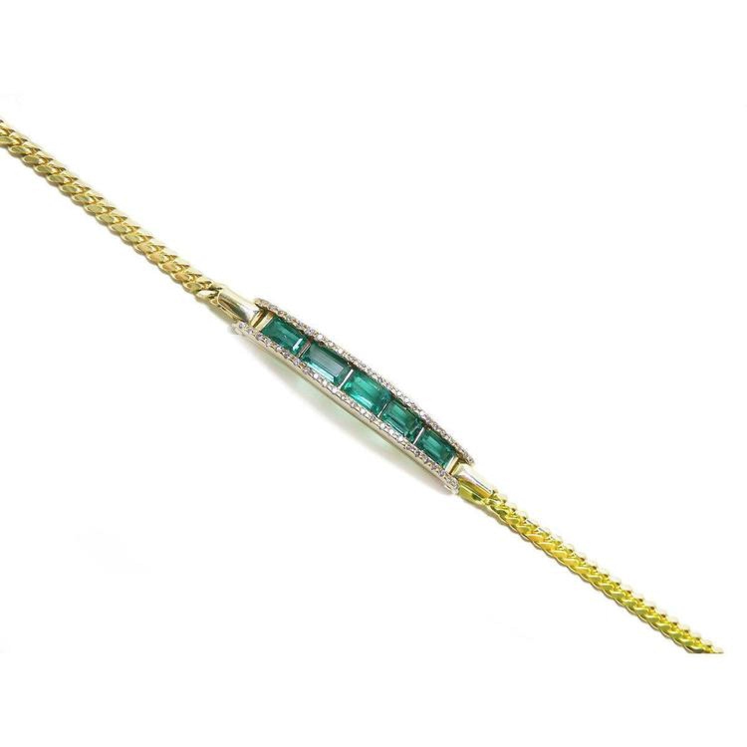 2.40 ct emerald and diamond 14K yellow gold bracelet with a central bar of baguette emeralds.