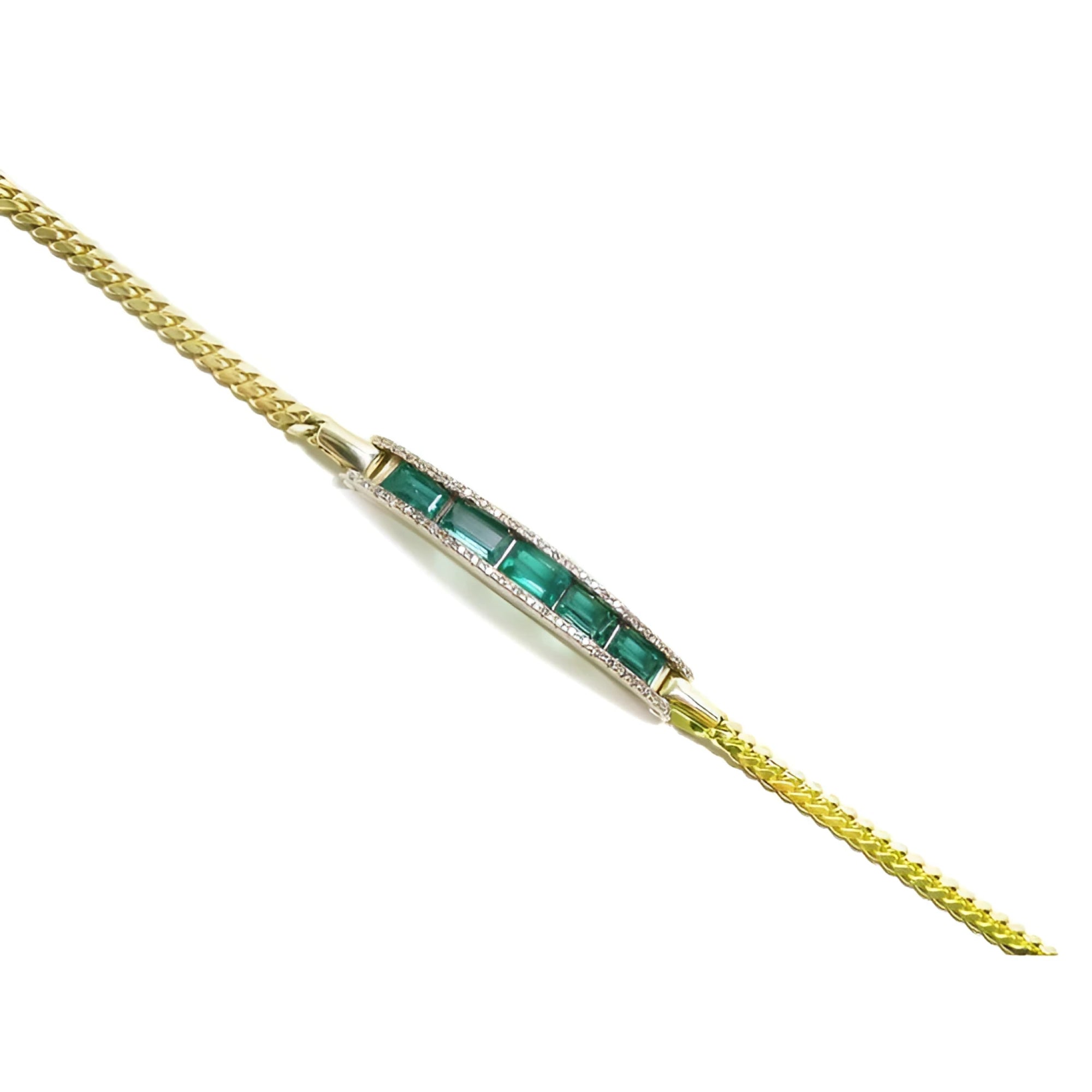 2.40 ct emerald and diamond 14K yellow gold bracelet with a central bar of baguette emeralds.