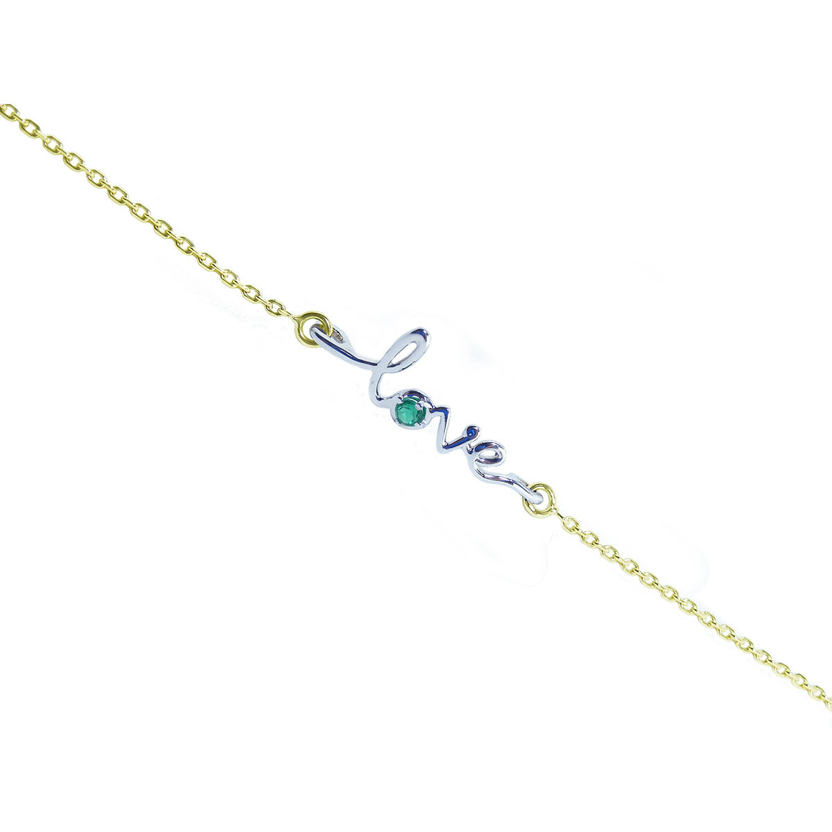White and yellow gold 'love' bracelet with a round natural emerald on a white background