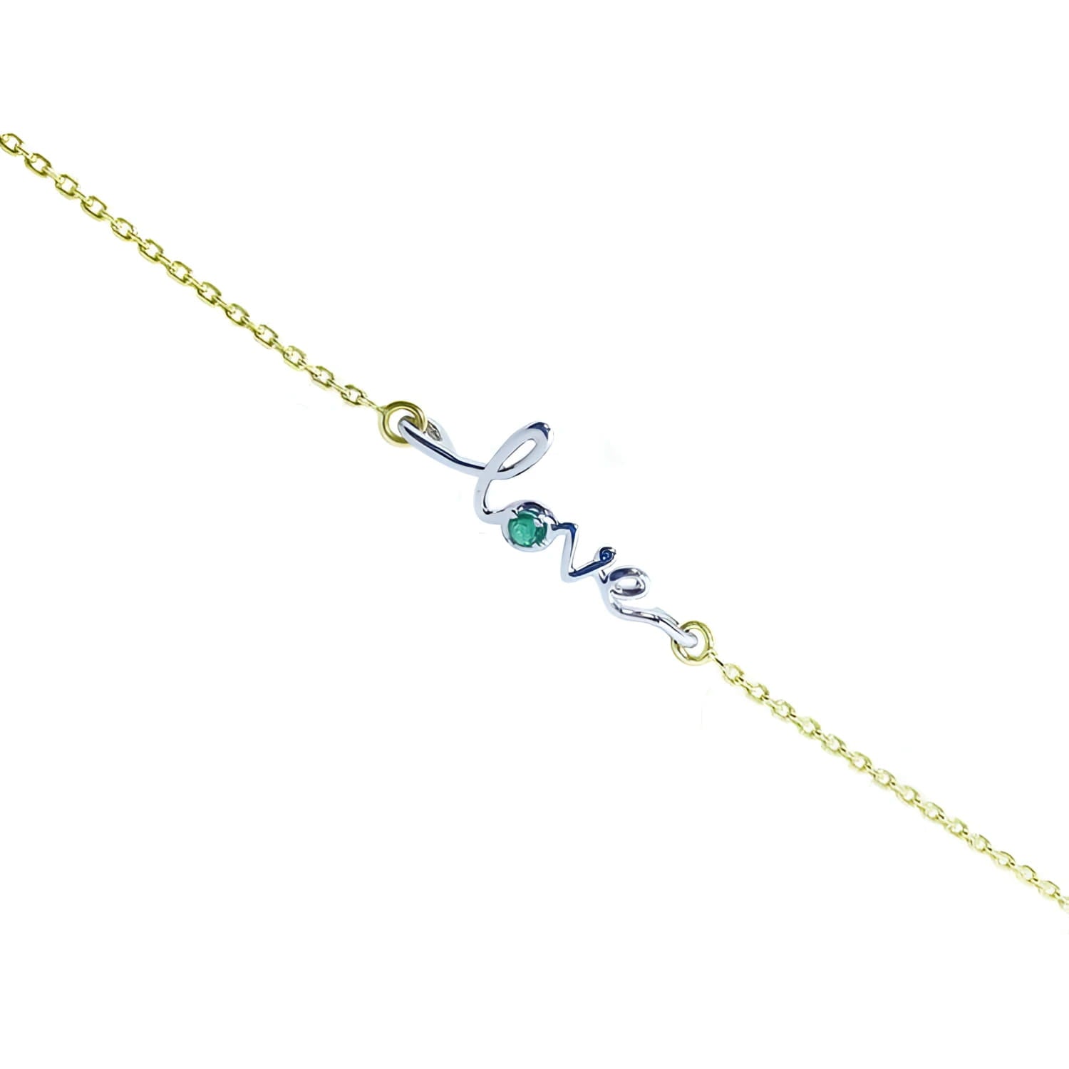 14K white and yellow gold "Love" bracelet with a round cut green emerald.