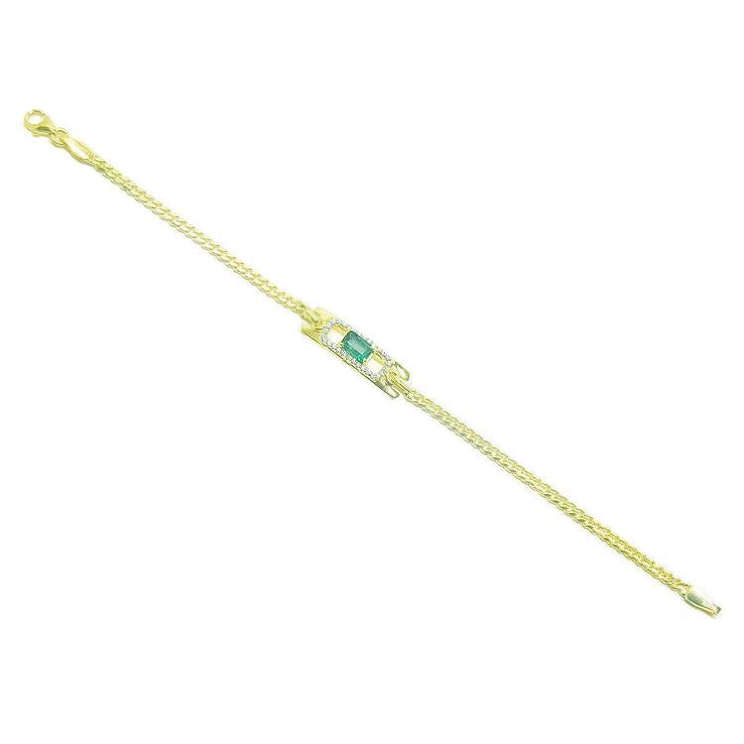 14K yellow gold bracelet with a rectangular Colombian emerald surrounded by diamonds.