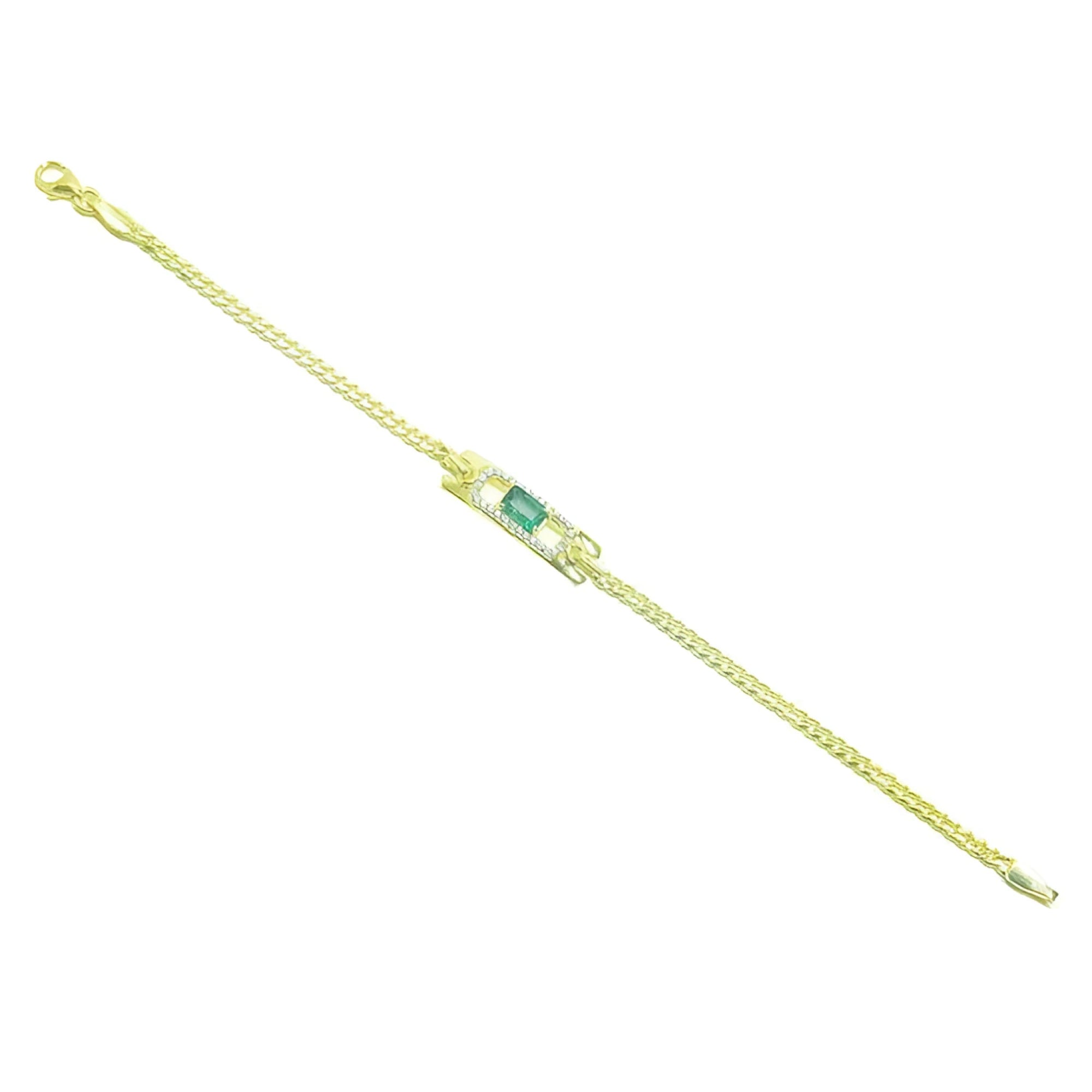 14K yellow gold bracelet with a rectangular Colombian emerald surrounded by diamonds.