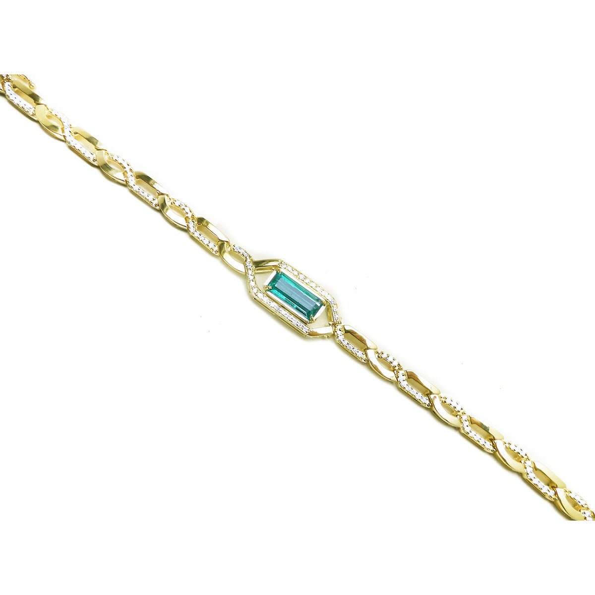A yellow gold bracelet with a genuine emerald gemstone with diamonds accent on a white background