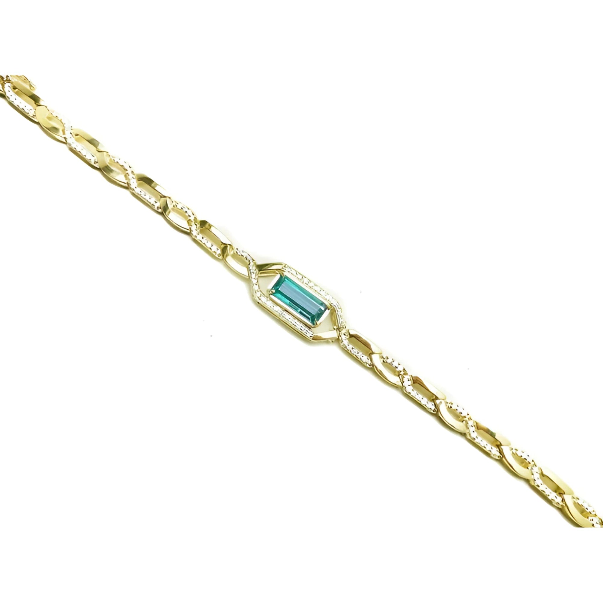 14K yellow gold bracelet with a vibrant bluish-green emerald-cut emerald and diamond accents.