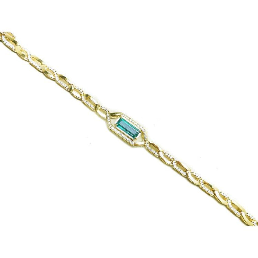 14K yellow gold bracelet with a vibrant bluish-green emerald-cut emerald and diamond accents.