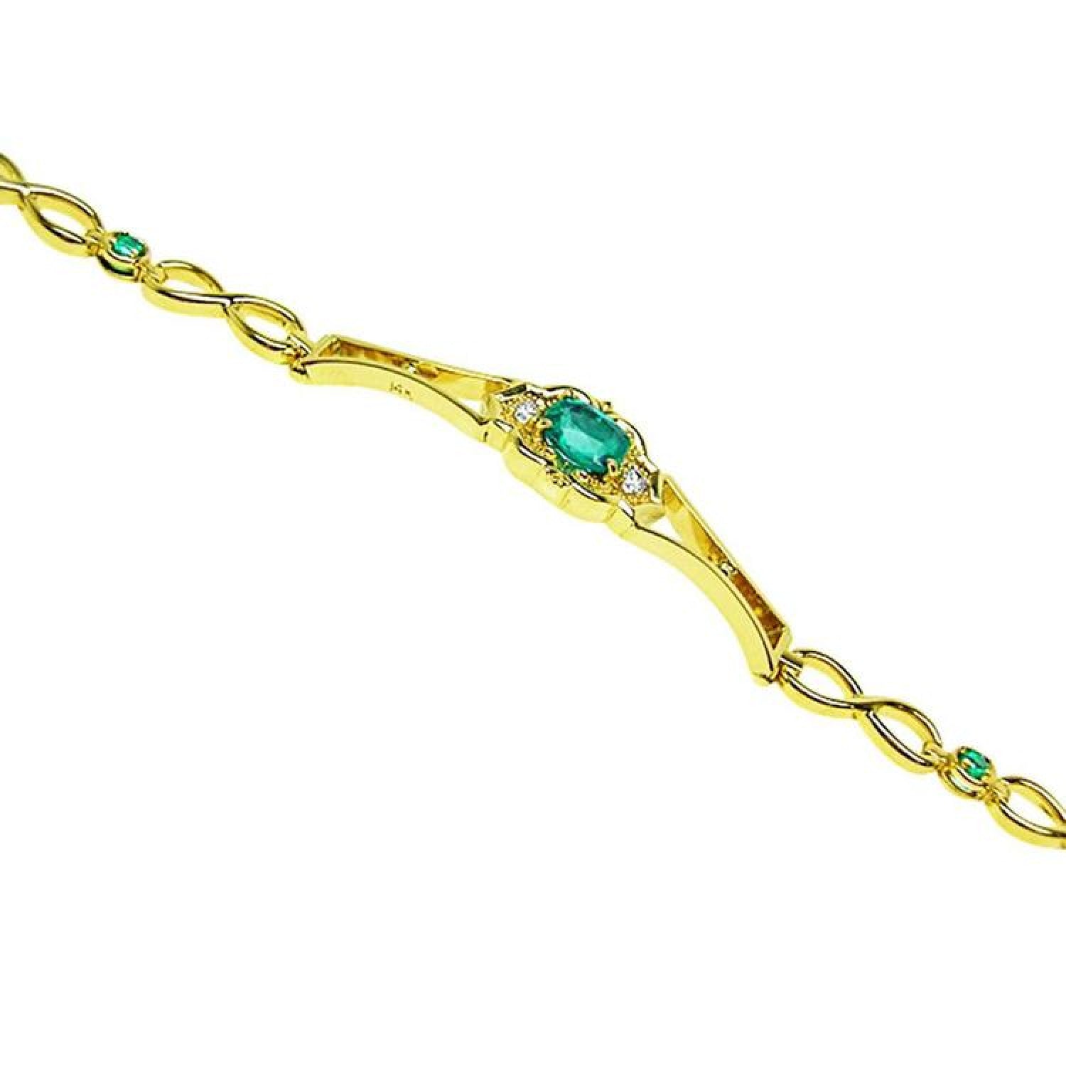 14K yellow gold women's bracelet with a central oval emerald and small emerald accents.