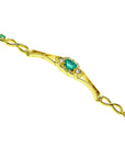 The far side view of a gold bracelet with an oval cut emerald on a white background.