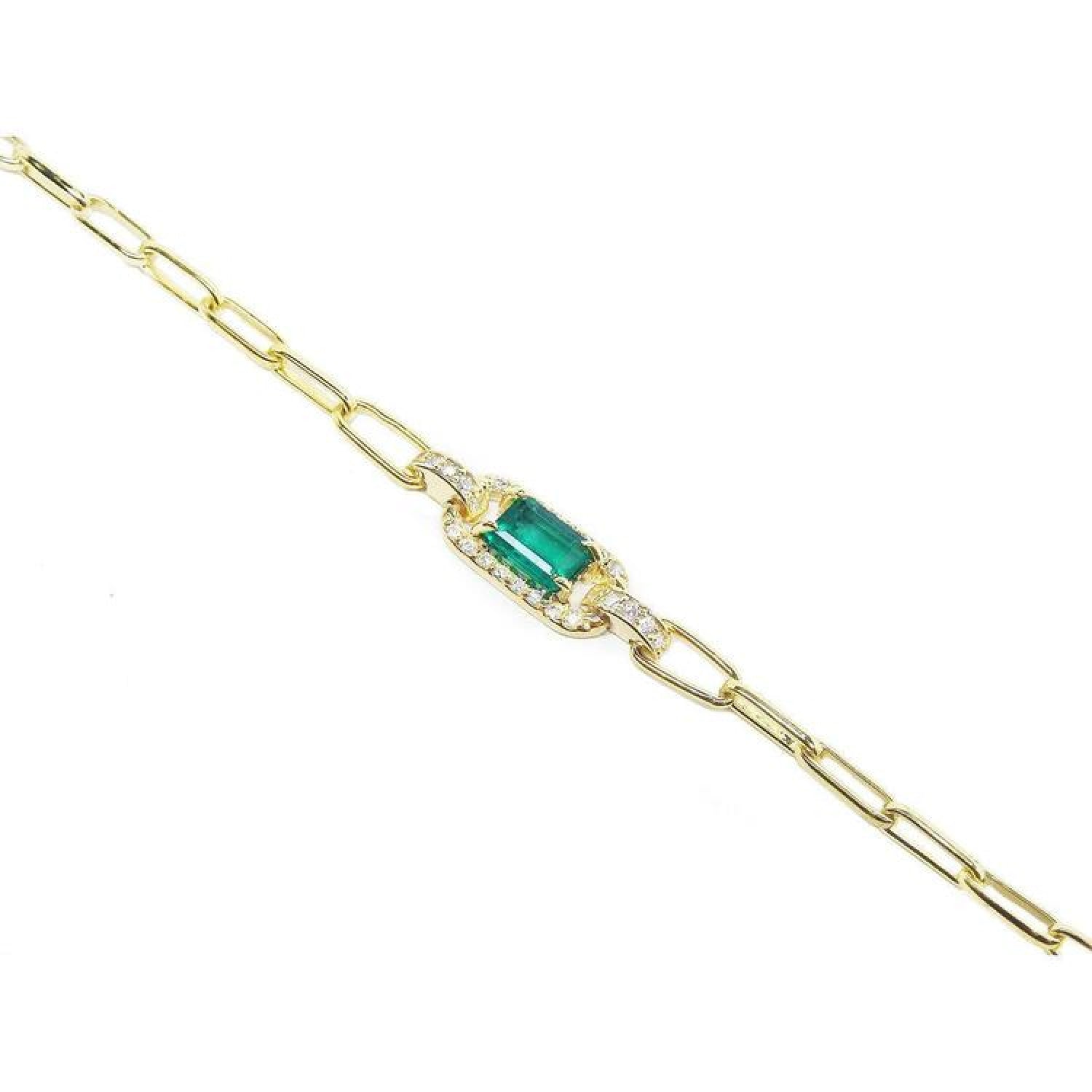 14K yellow gold paper clip bracelet with a rectangular emerald and diamond accents.