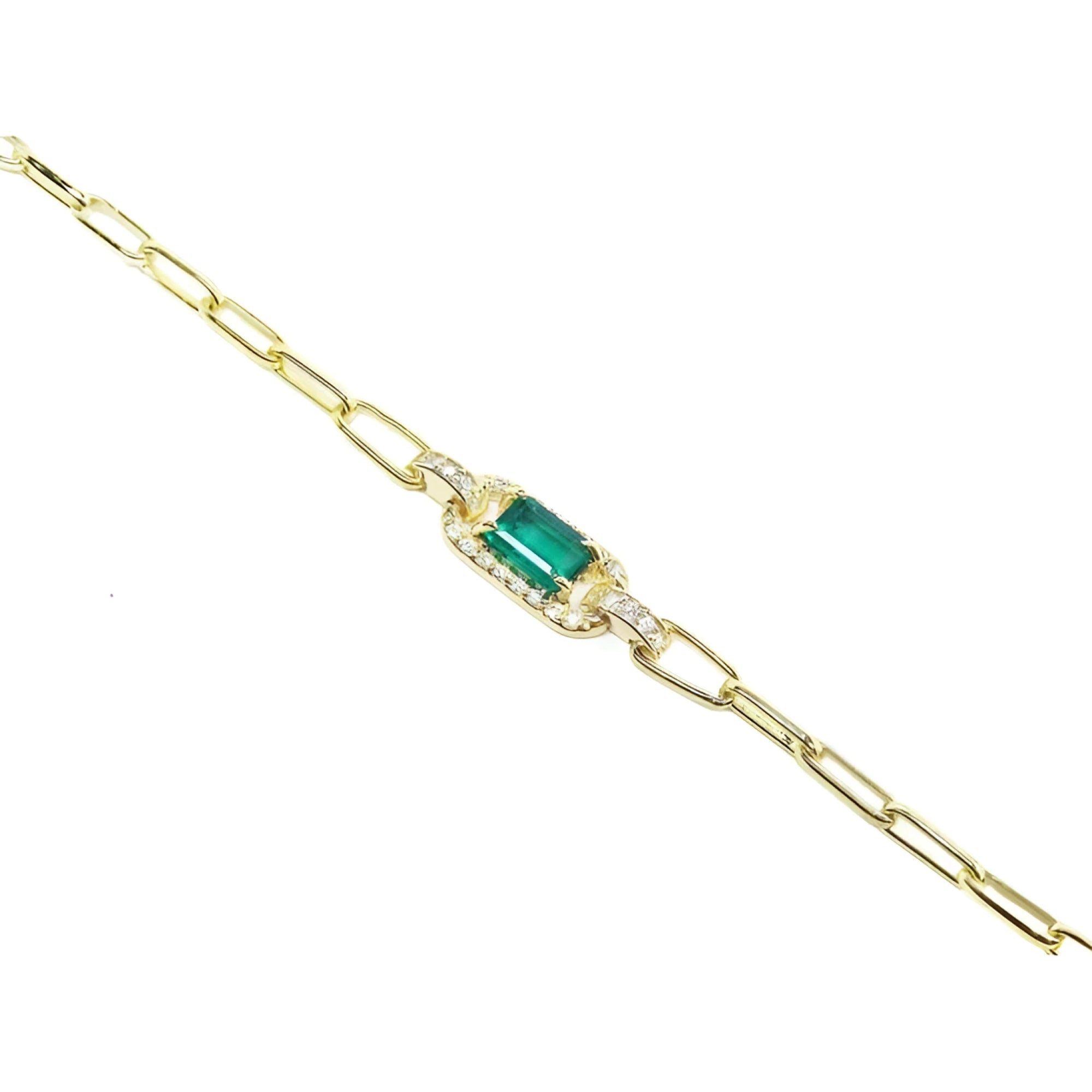 14K yellow gold paper clip bracelet with a rectangular emerald and diamond accents.