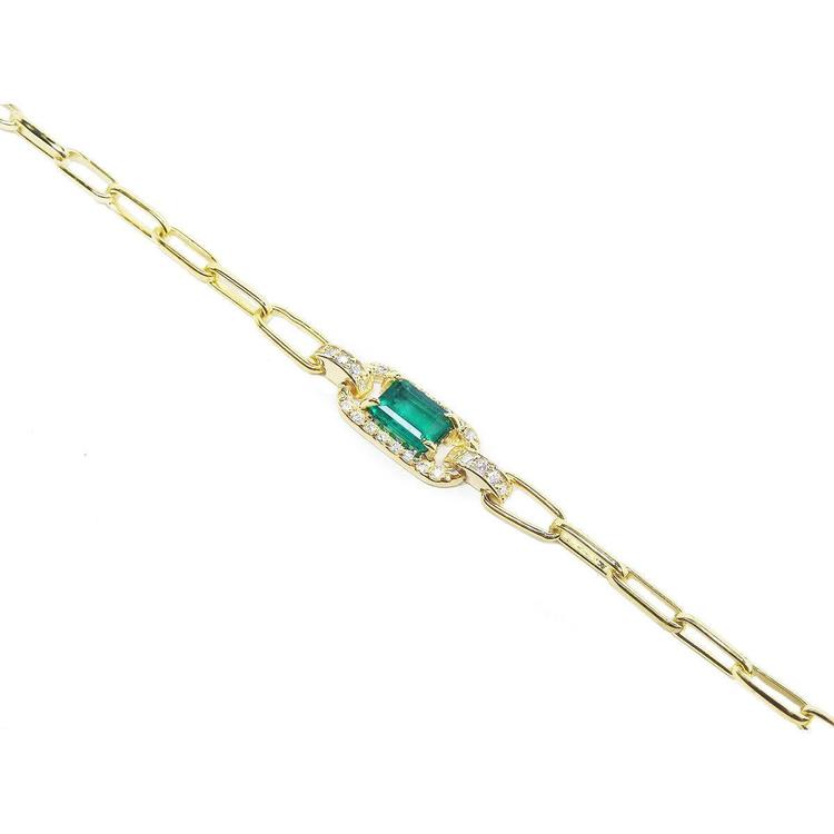 14K yellow gold paper clip bracelet with a rectangular emerald and diamond accents.