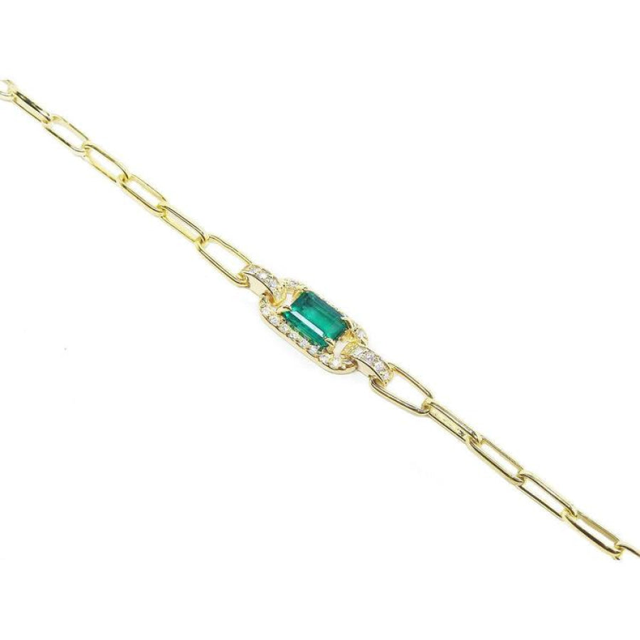 14K yellow gold paper clip bracelet with a rectangular emerald and diamond accents.