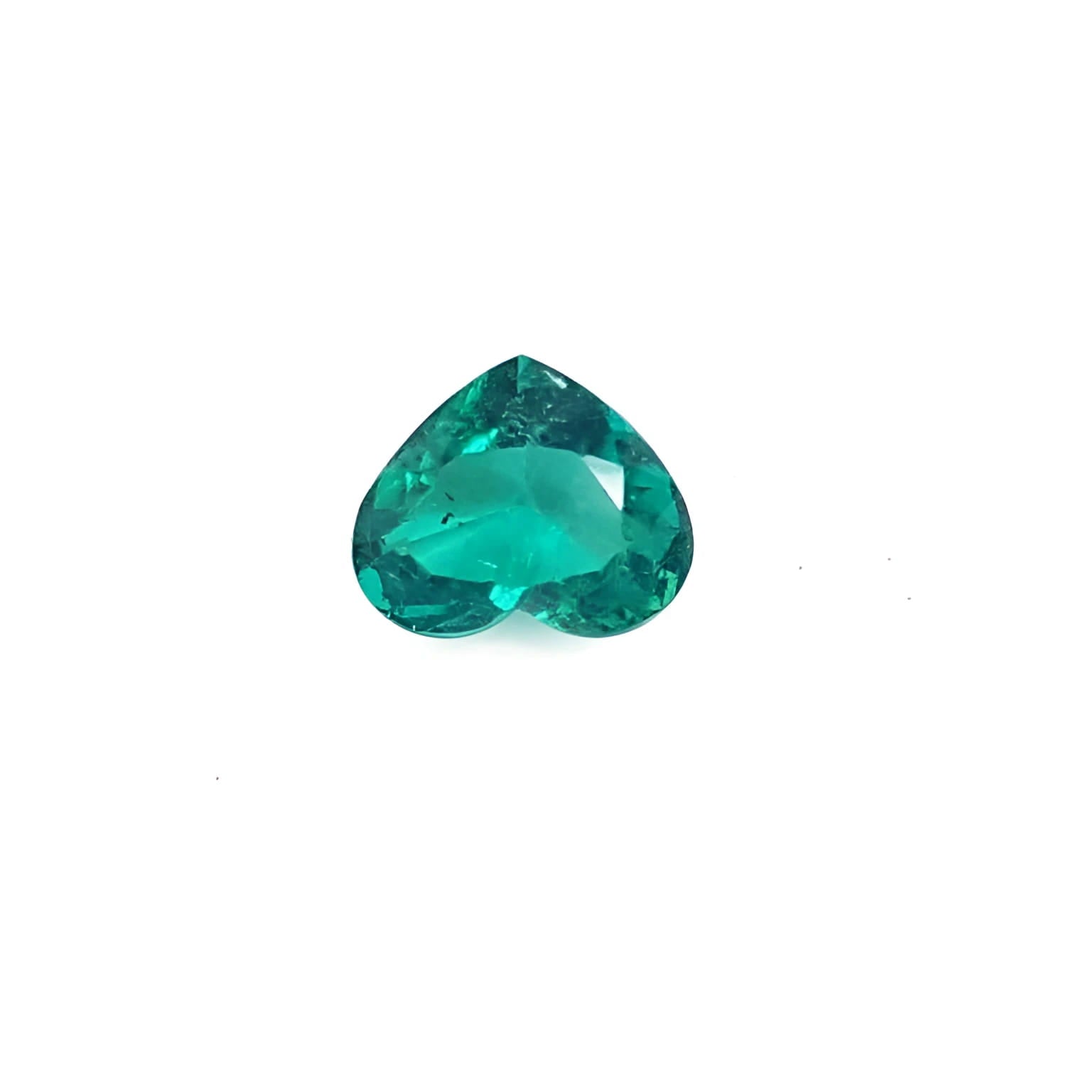 1.14 carat heart-cut Colombian emerald with a rich bluish-green color on a white background.