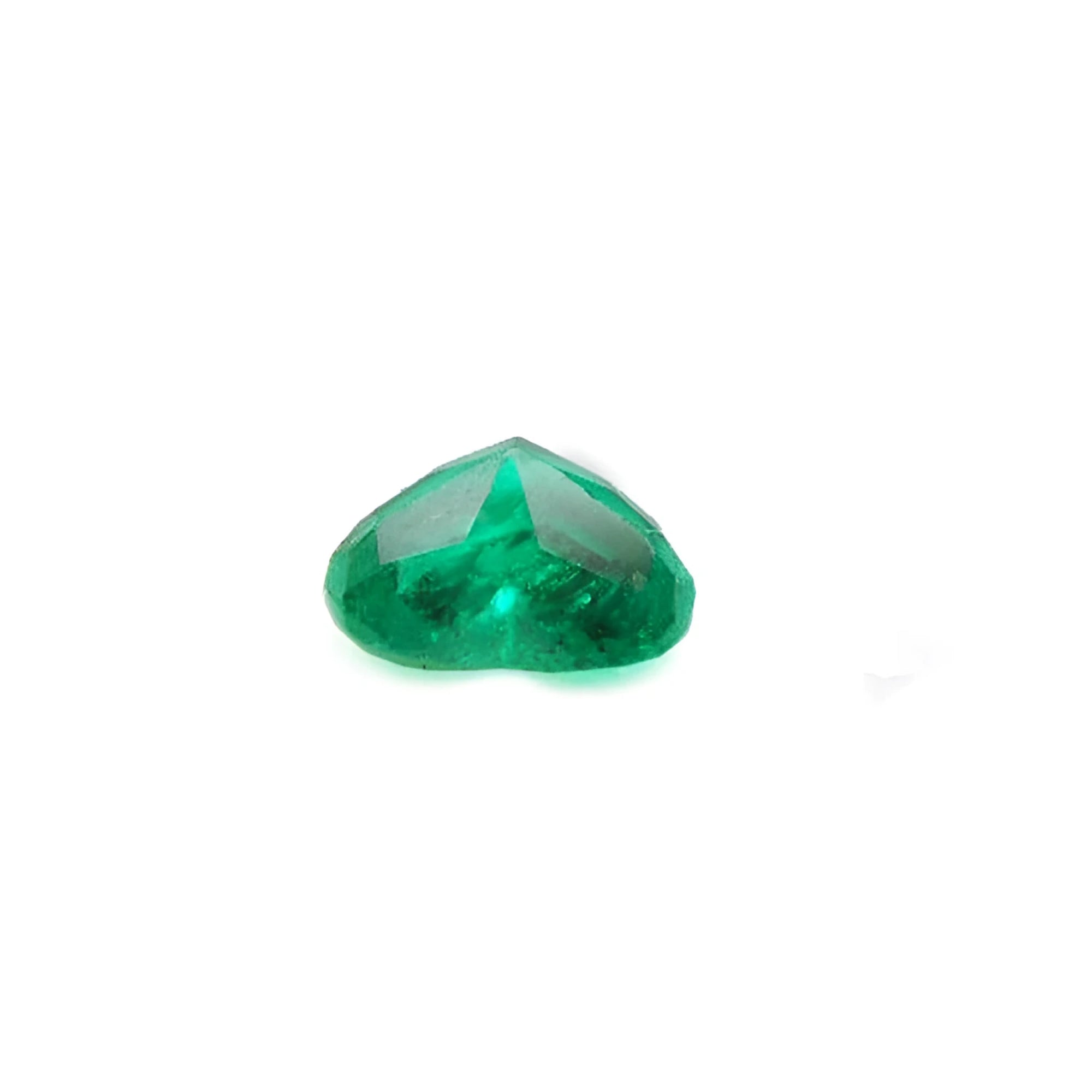 1.14 carat heart-cut Colombian emerald gemstone, rich bluish-green color, on a white background.