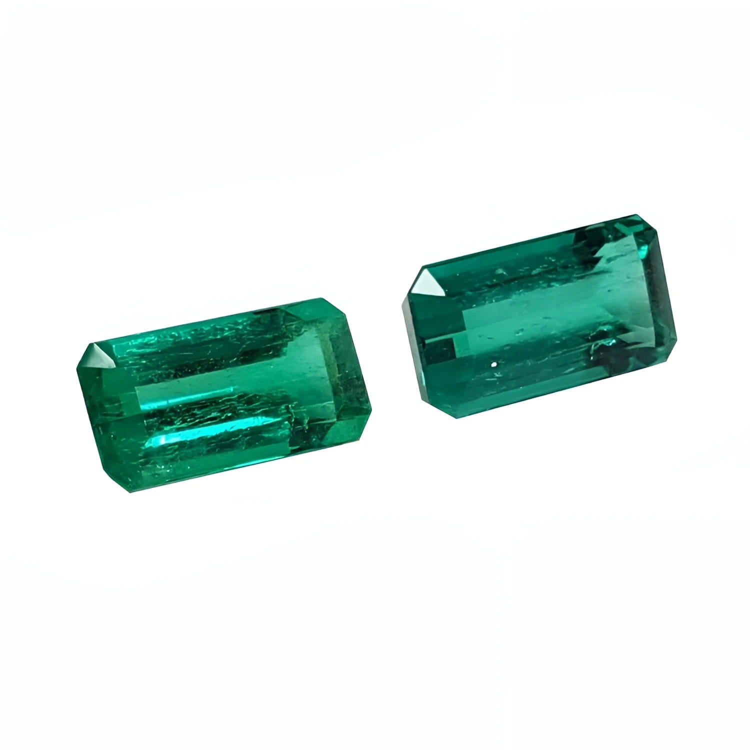 Loose natural emeralds matching pair set fine quality, Medium Deep Bluish Green Emerald-Cut from Muzo.