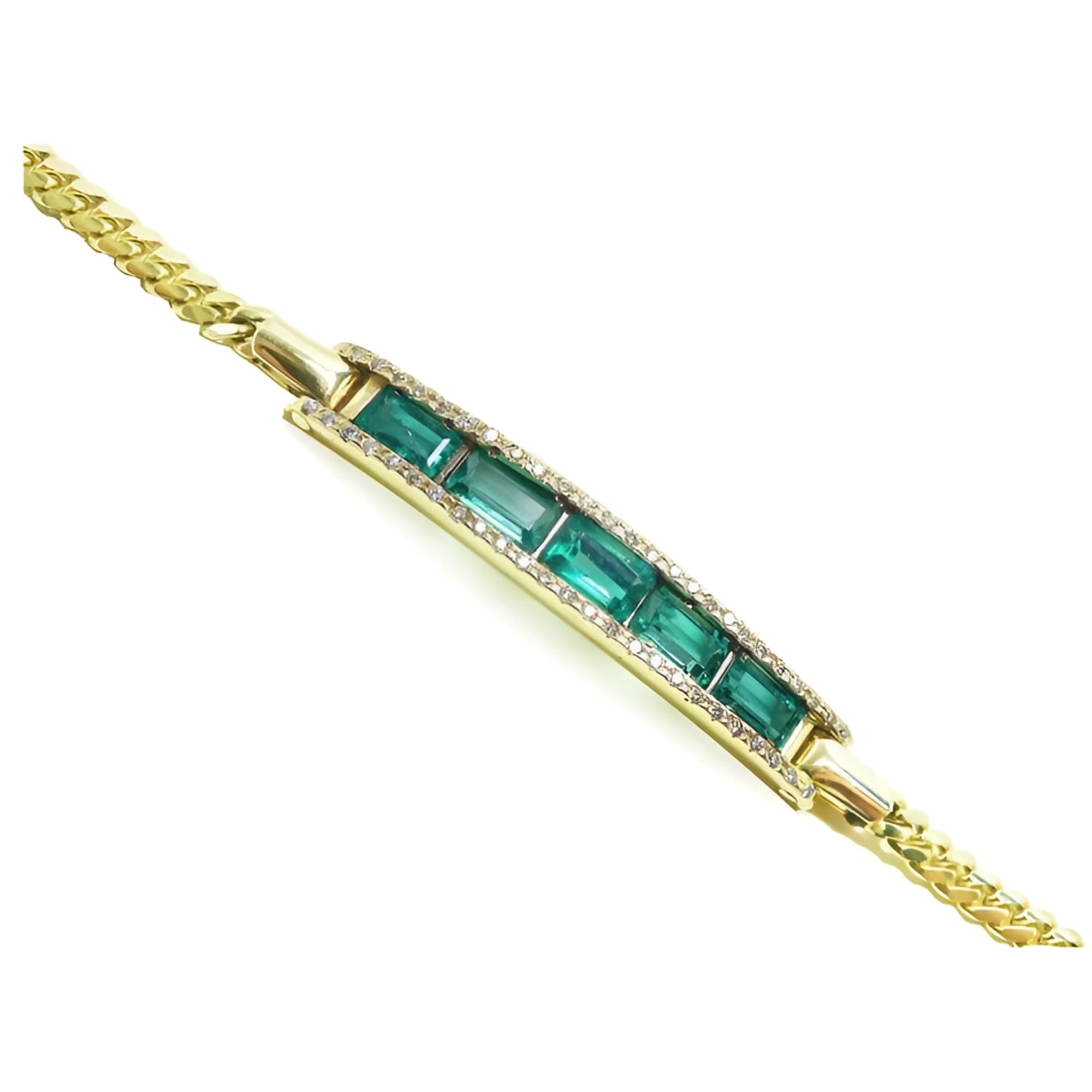 14K yellow gold bracelet with baguette-cut Colombian emeralds and diamond accents.