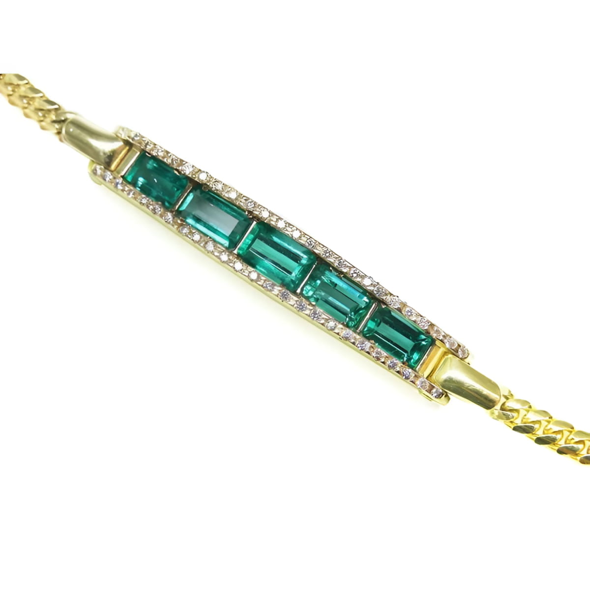 14k Gold bracelet with five natural colombian emeralds and diamonds for women.