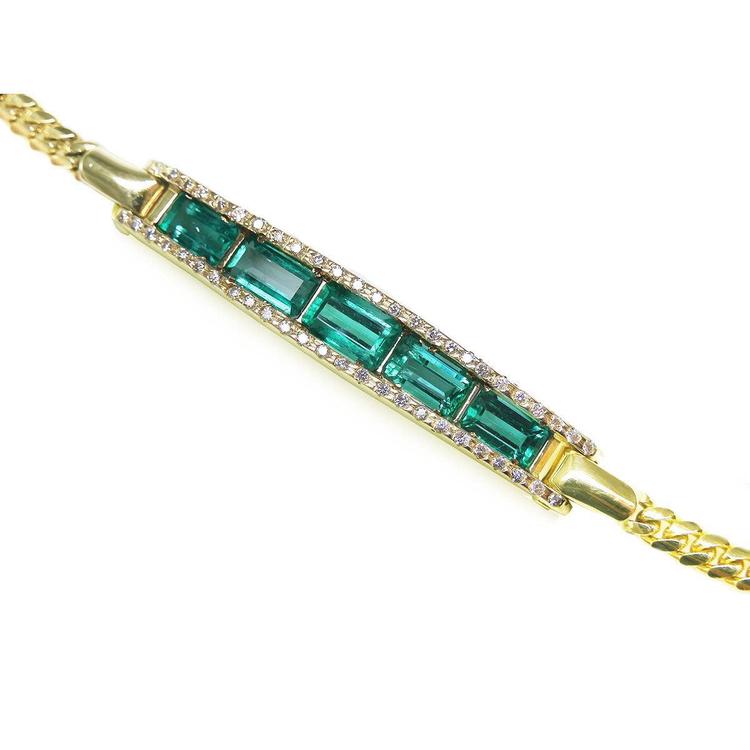 14k Gold bracelet with five natural colombian emeralds and diamonds for women.