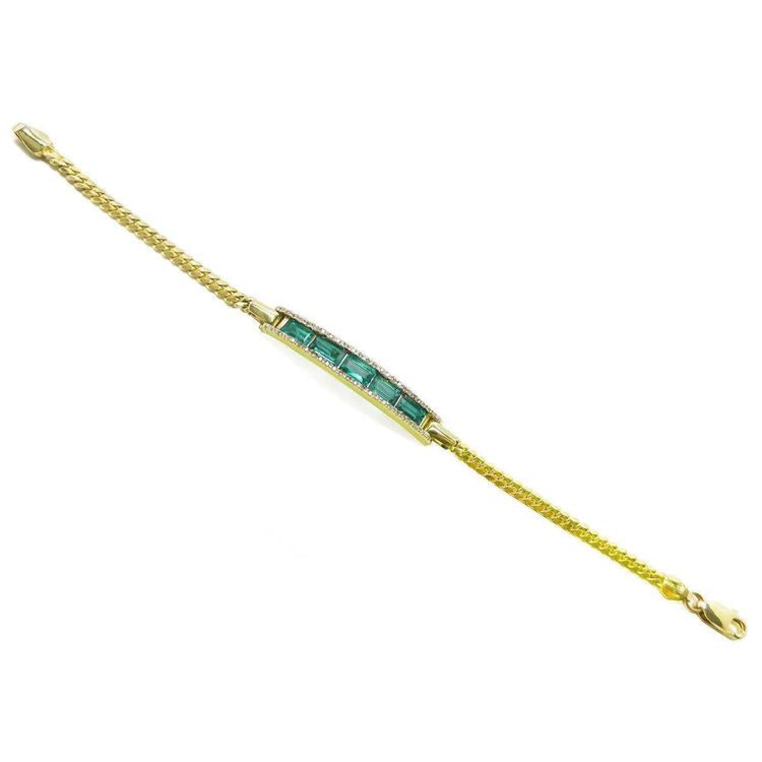 14K yellow gold bracelet with baguette emeralds and diamond accents.