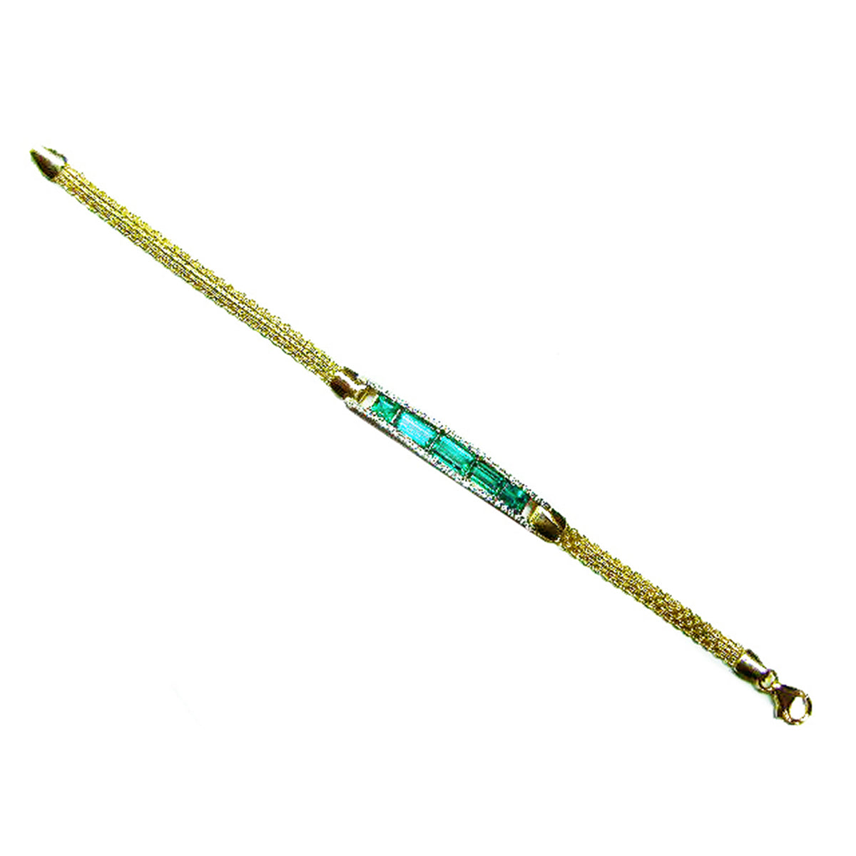 A distant view of a gold bracelet with genuine emeralds on a white background.