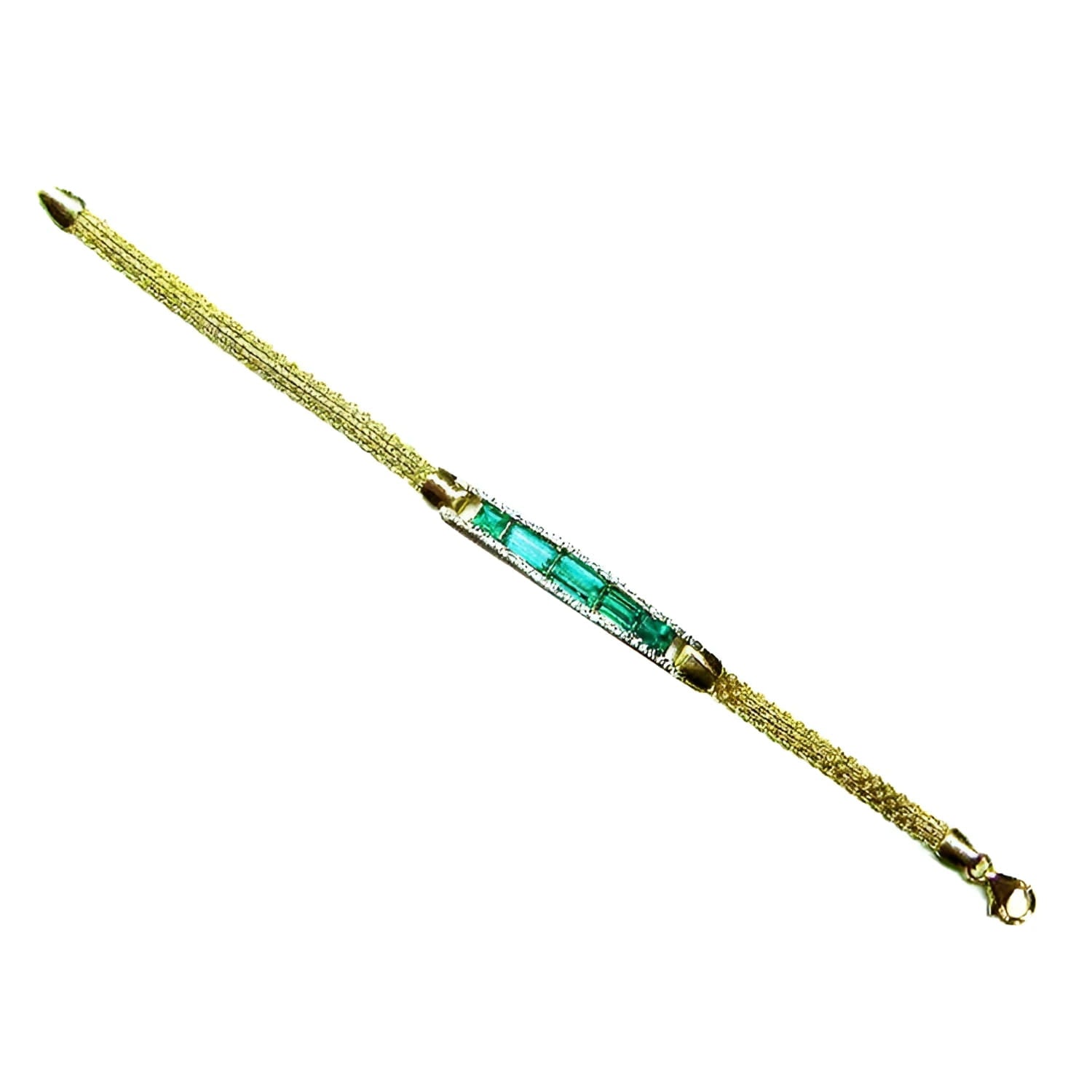 14K gold bracelet with five vibrant bluish-green emeralds and diamonds.