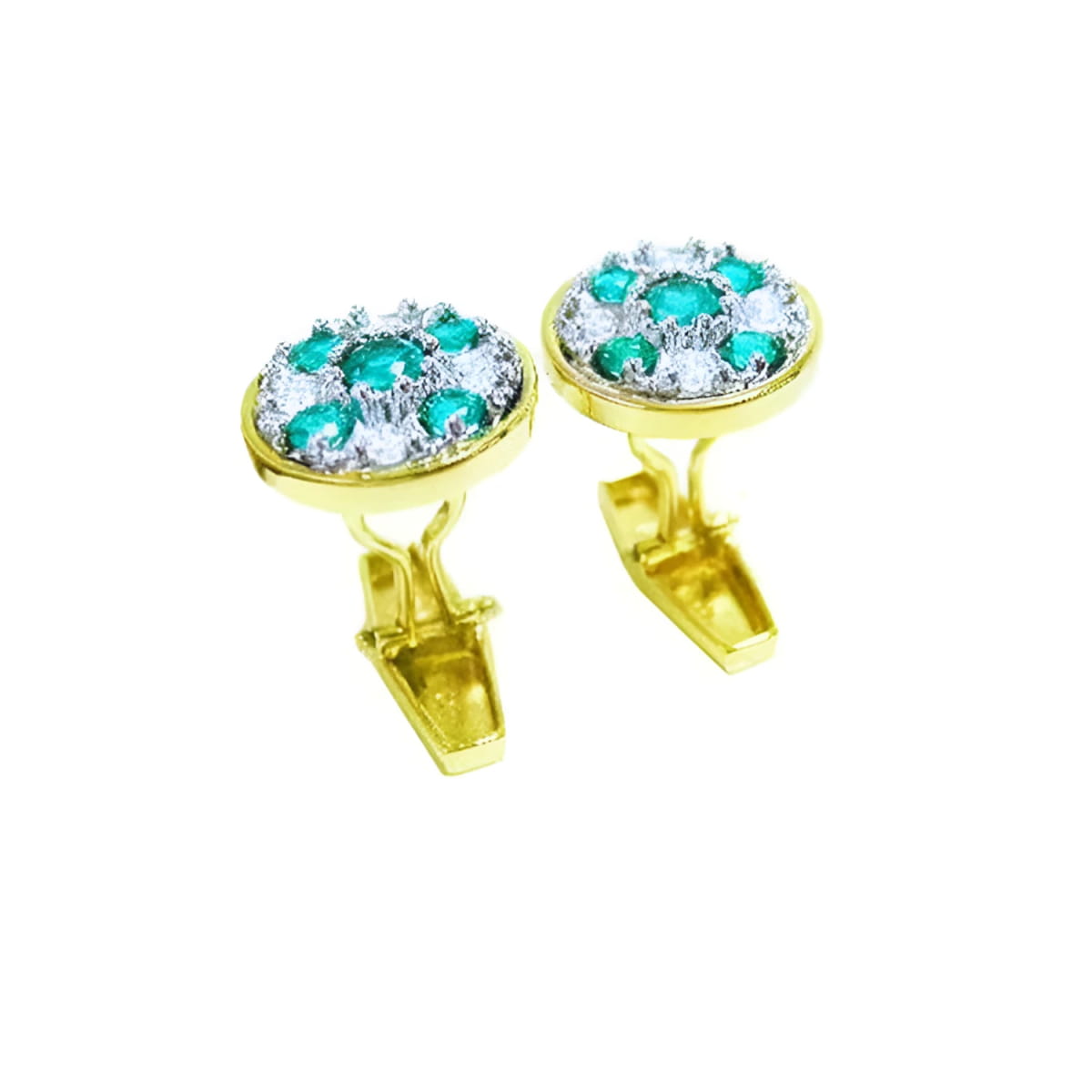 Men's round gold cufflinks with natural emeralds and diamonds.