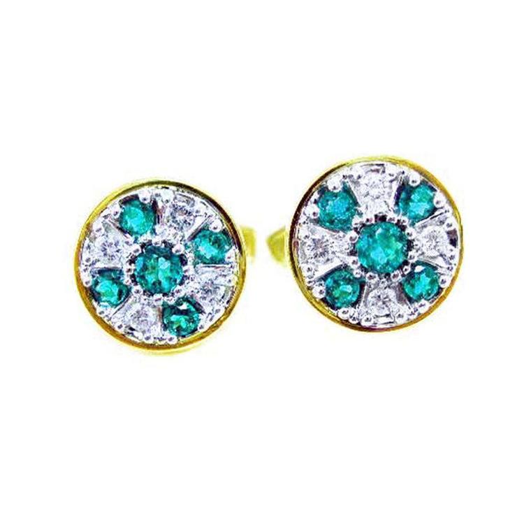 Pair of natural emerald cufflinks with accent diamonds in 14k yellow gold on a topside display.