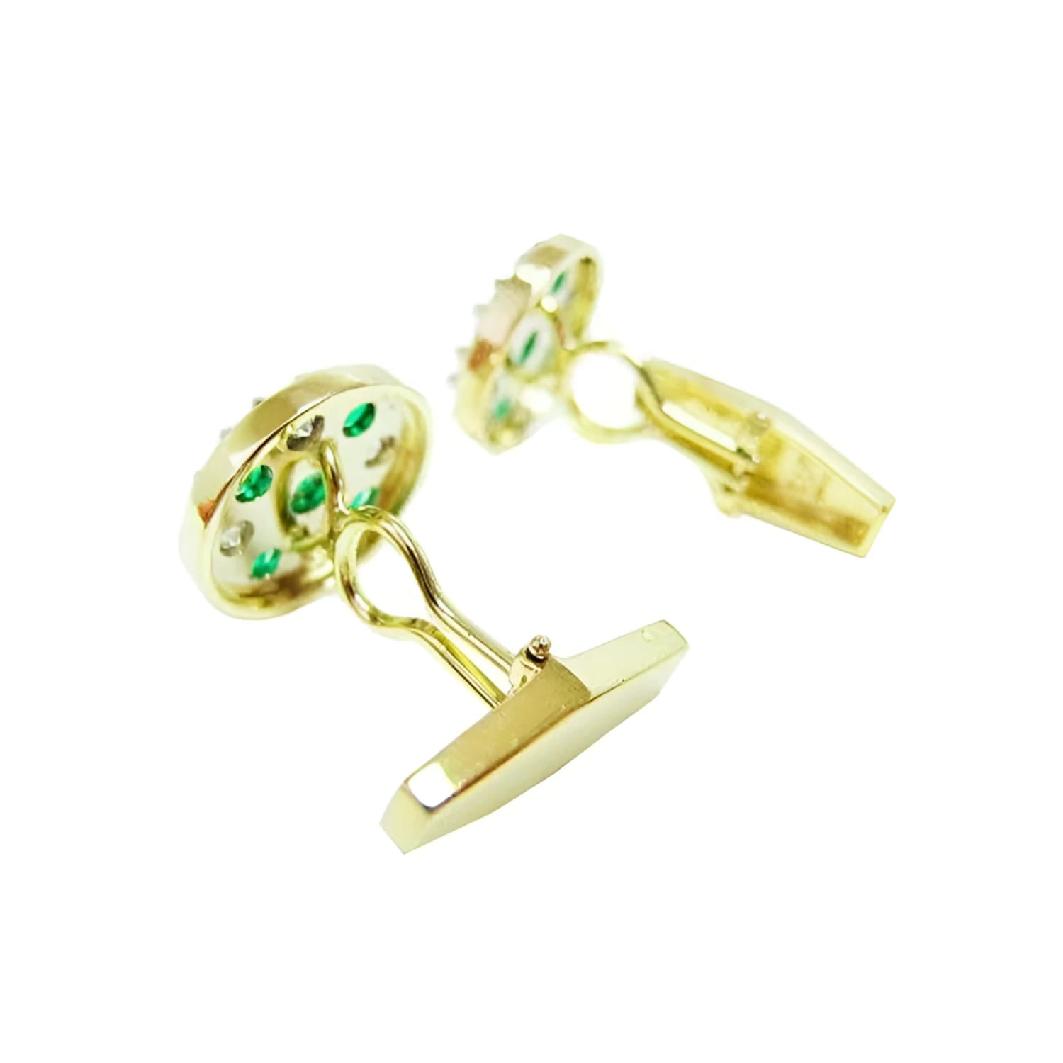 Men's round gold cufflinks with natural emeralds and diamonds.