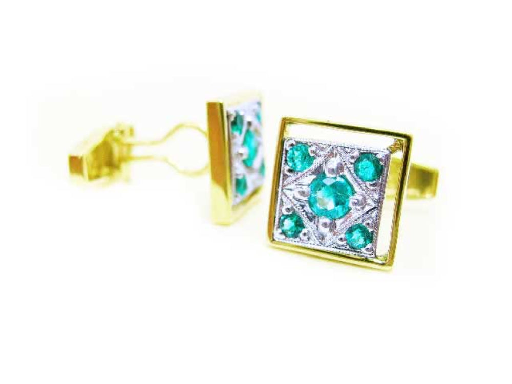 Colombian emerald cufflinks for sale five stone high quality natural sourced from Muzo Colombian mines clip system