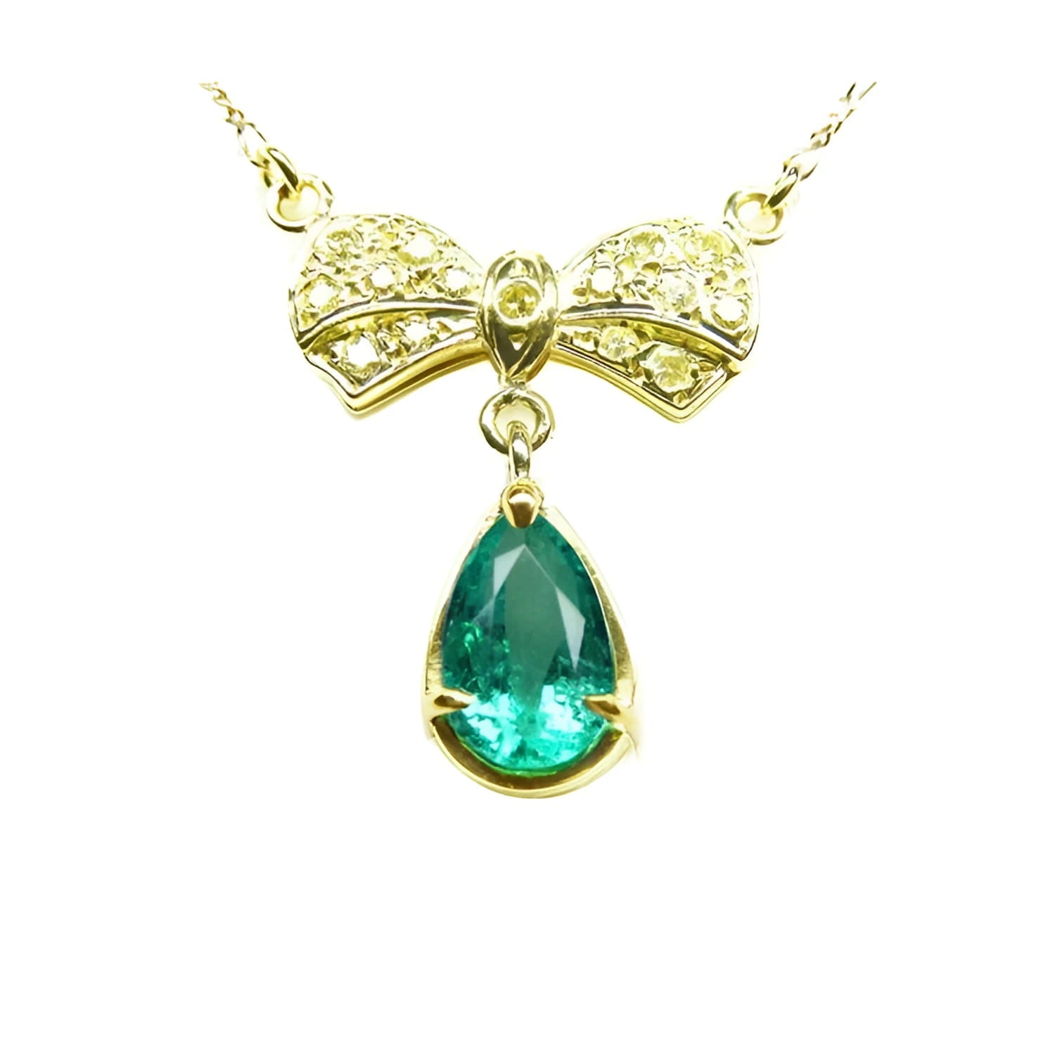 Pear shaped natural emerald bowtie necklace from Muzo mine in Colombia, yellow diamonds pave set in 18k yellow gold