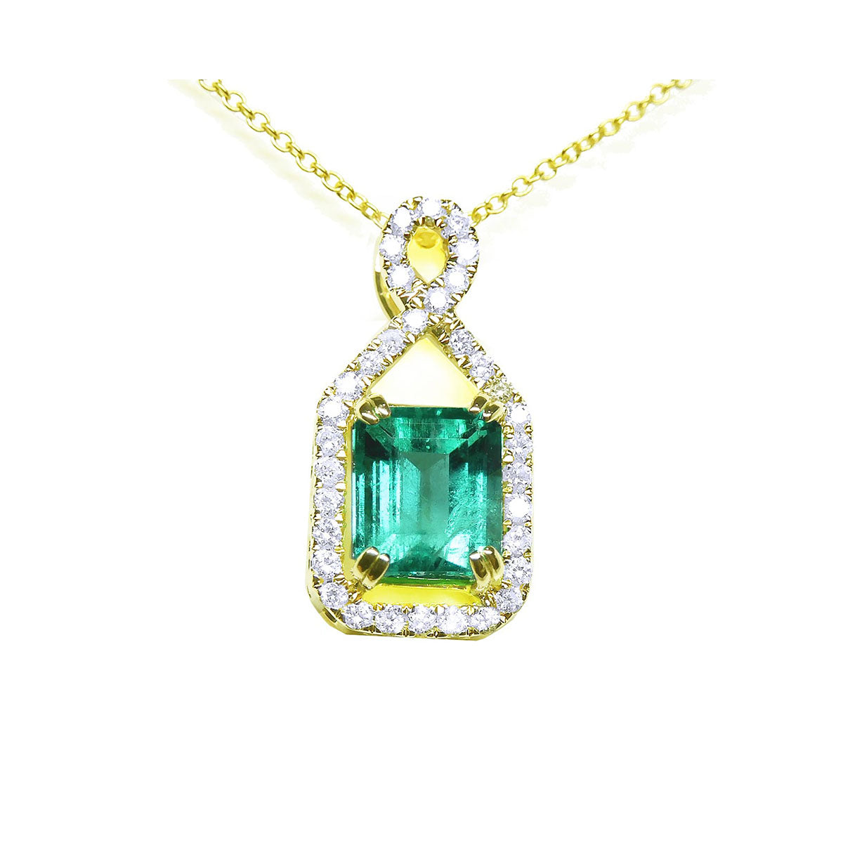 Emerald pendant necklace halo diamond with gold chain on a white background