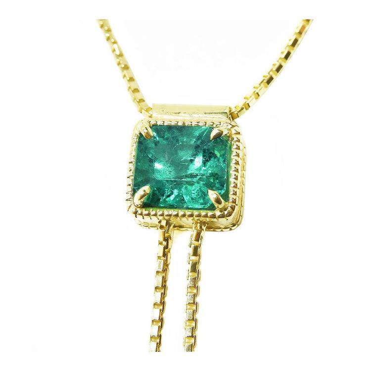 Natural Colombian emerald necklace lariat design square emerald-cut, crafted in 14k yellow gold