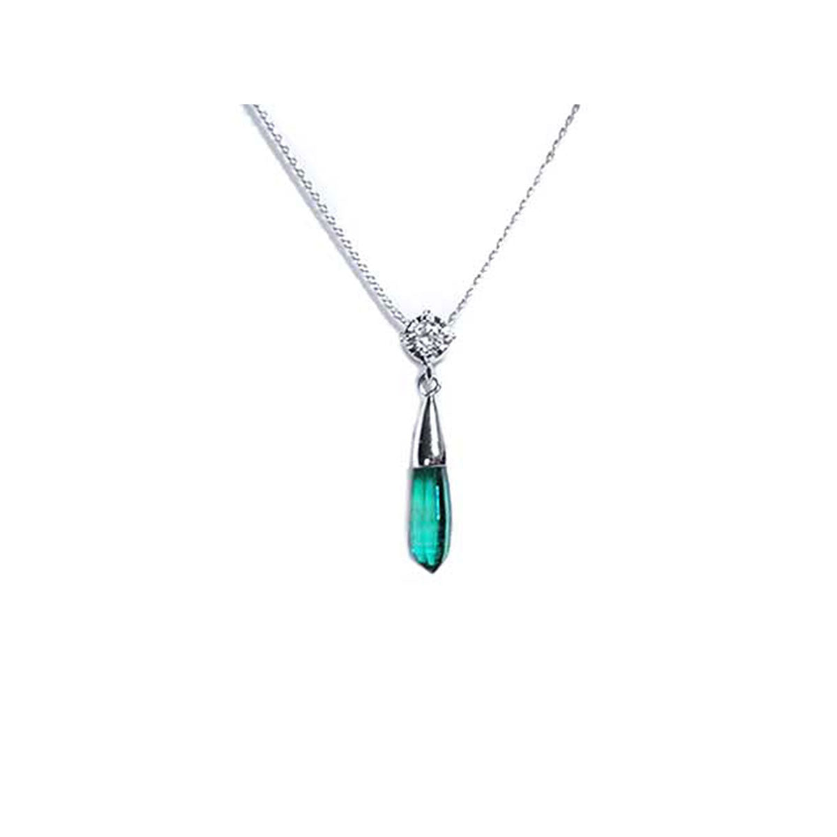 Far sight of an emerald and diamond briolette necklace with a natural diamond on top slider bail and 18&quot; inches chain