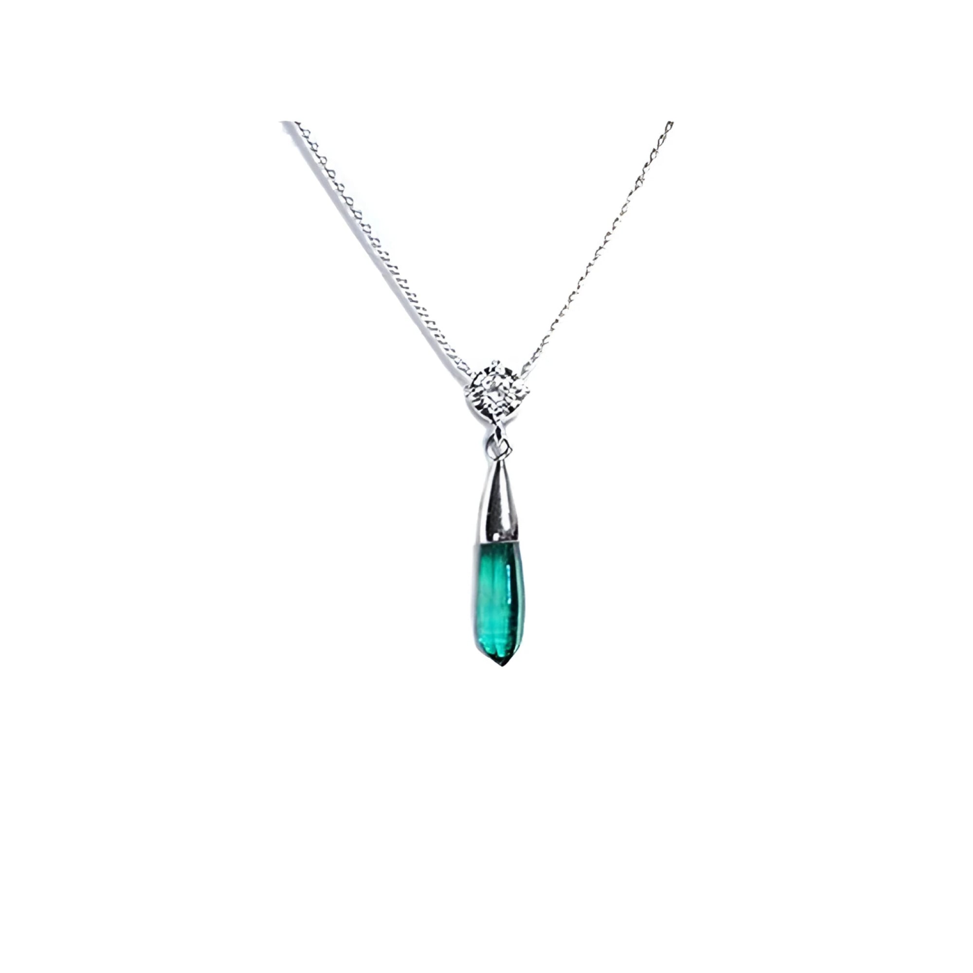 Colombian emerald briolette necklace with a medium bluish-green emerald and diamond slider in 14K white gold.