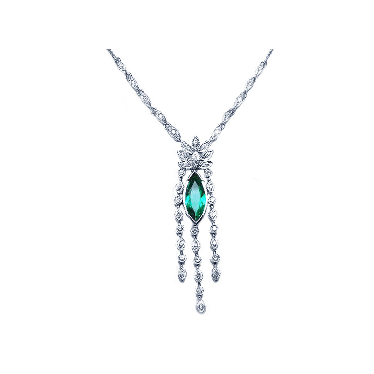 Far frontal view of a marquise necklace 2.12 carats Colombian emerald and diamonds 14K white gold